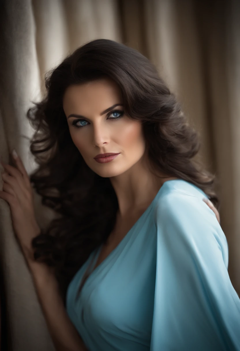 /imagine full body pose of gorgeous CIA superspy and journalist Brigitte Montfort, codenamed "agent Baby". She is a deep blue eyes dark hair brunette, daughter of German Father and French mother, 26 years old, she has a perfect woman body and it is seductively wearing a night gown.