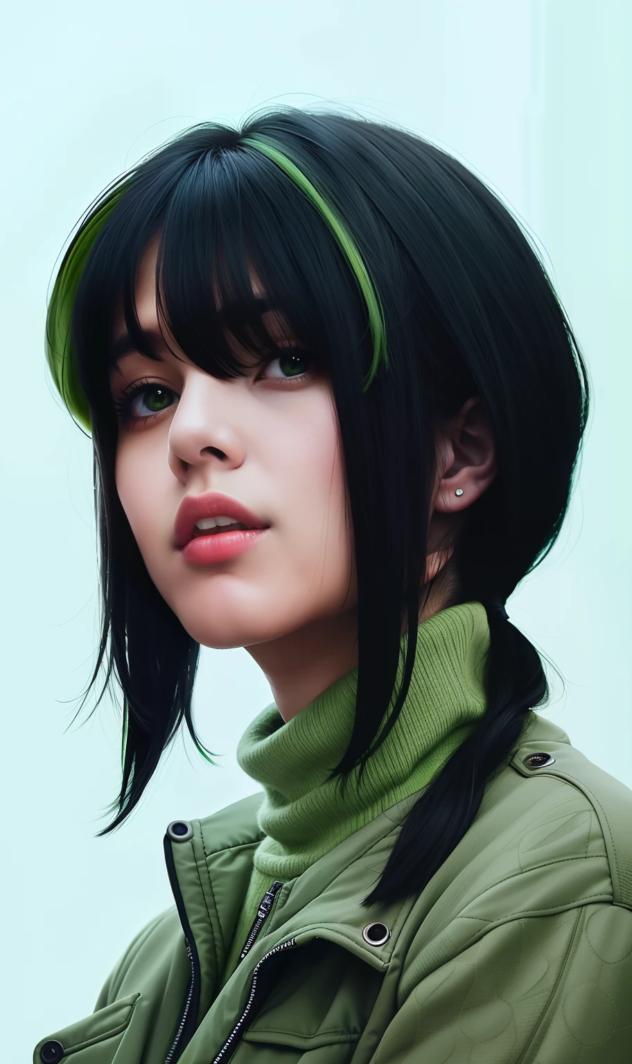 a woman with a green turtleneck and green jacket and black hair is looking at the camera, black hair, she has black hair with bangs, yellow eyes