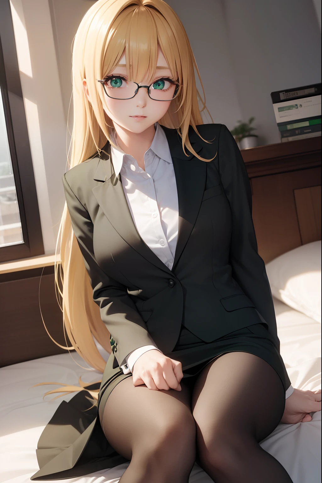 Lunatierke Tiague, Whimsical tears, Blonde hair, (Green eyes:1.5), Hair intake, Long hair, low-tied long hair, Glasses,
Breaking a business suit, Formal, Jacket, pantyhose, pencil skirts, Skirt, Skirt suit, Suit, thighs thighs thighs thighs, Black Suit, Black jacket, Black skirt,sleep、((Toe of tights))、((Open legs))、(huge tit)、
Watch your audience and take a break,(Bedroom)、on the beds、BREAK (masutepiece:1.2), Best Quality, High resolution, Unity 8k壁纸, (Illustration:0.8), (Beautiful detailed eyes:1.6), extra detailed face, Perfect Lighting, extremely details CG, (Perfect hands, Perfect Anatomy),