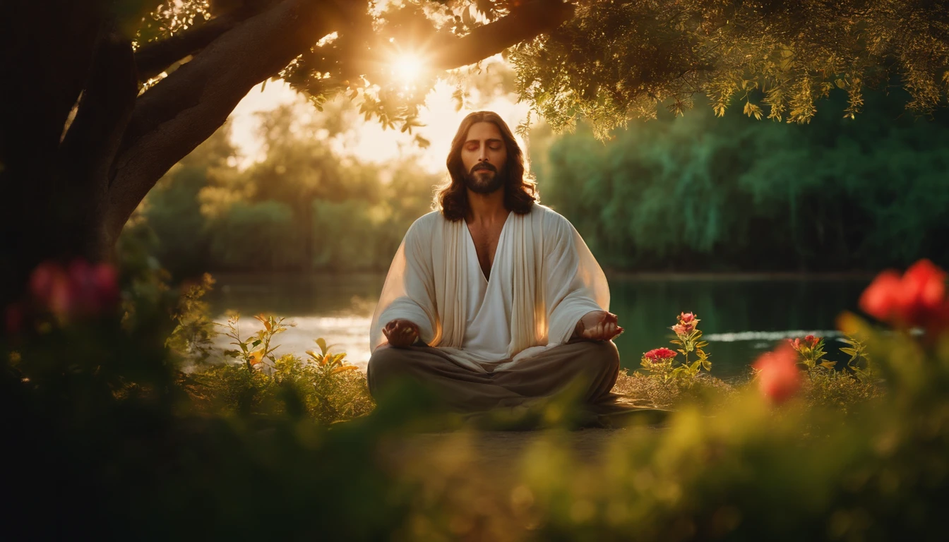 Jesus Christ meditating with his eyes closed in a paradisiacal grove, with lots of leafy trees and flowers, na beira de um lago, e a luz do sol iluminando o ambiente com seus raios divinos