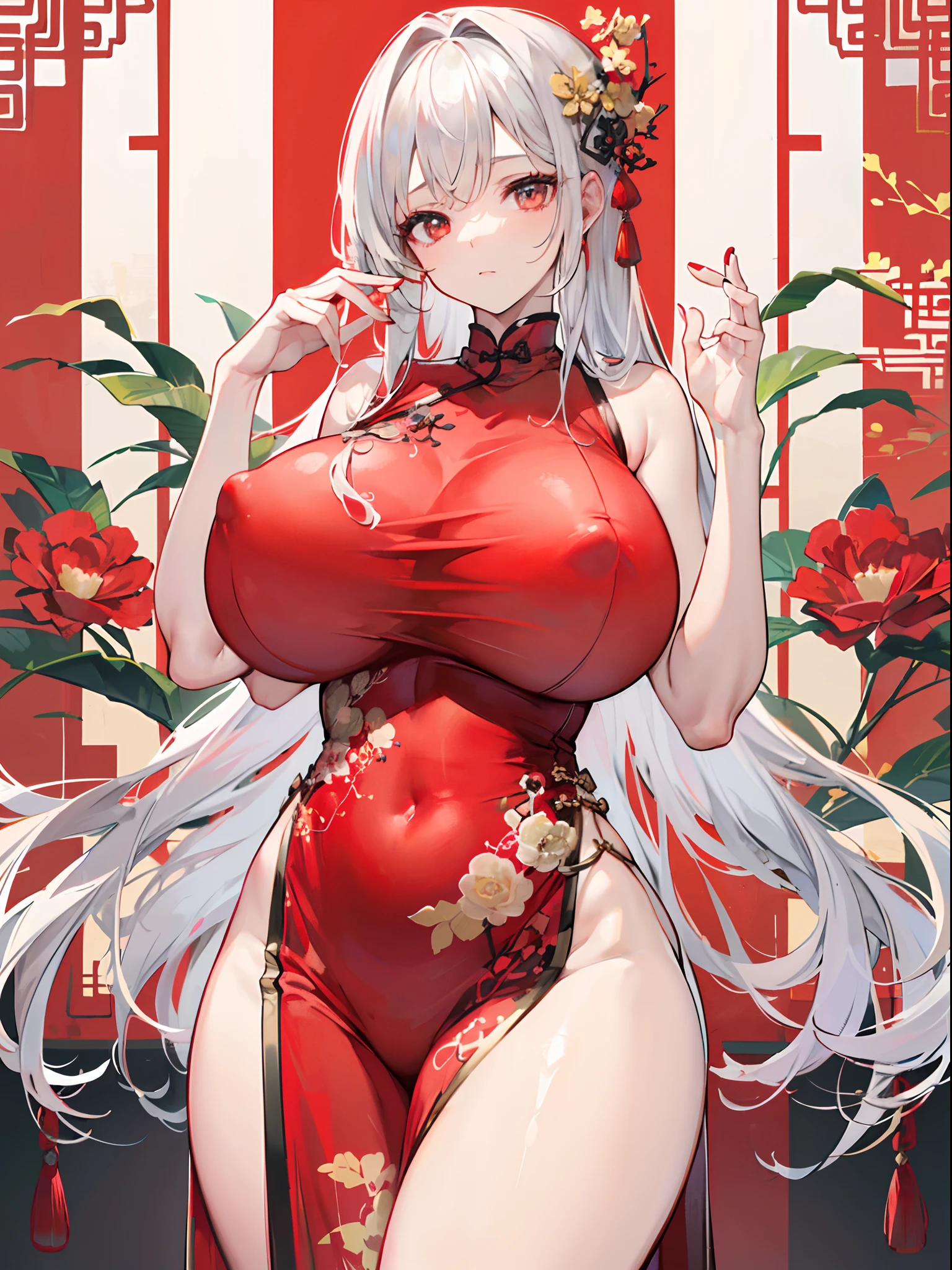 sexy woman, china setting, silver hair, ((((massive breasts)))), (((exposed nipples))), (((red qipao)))), ((((red chinese dress)))), (((gold accents)))((perfect hourglass figure))