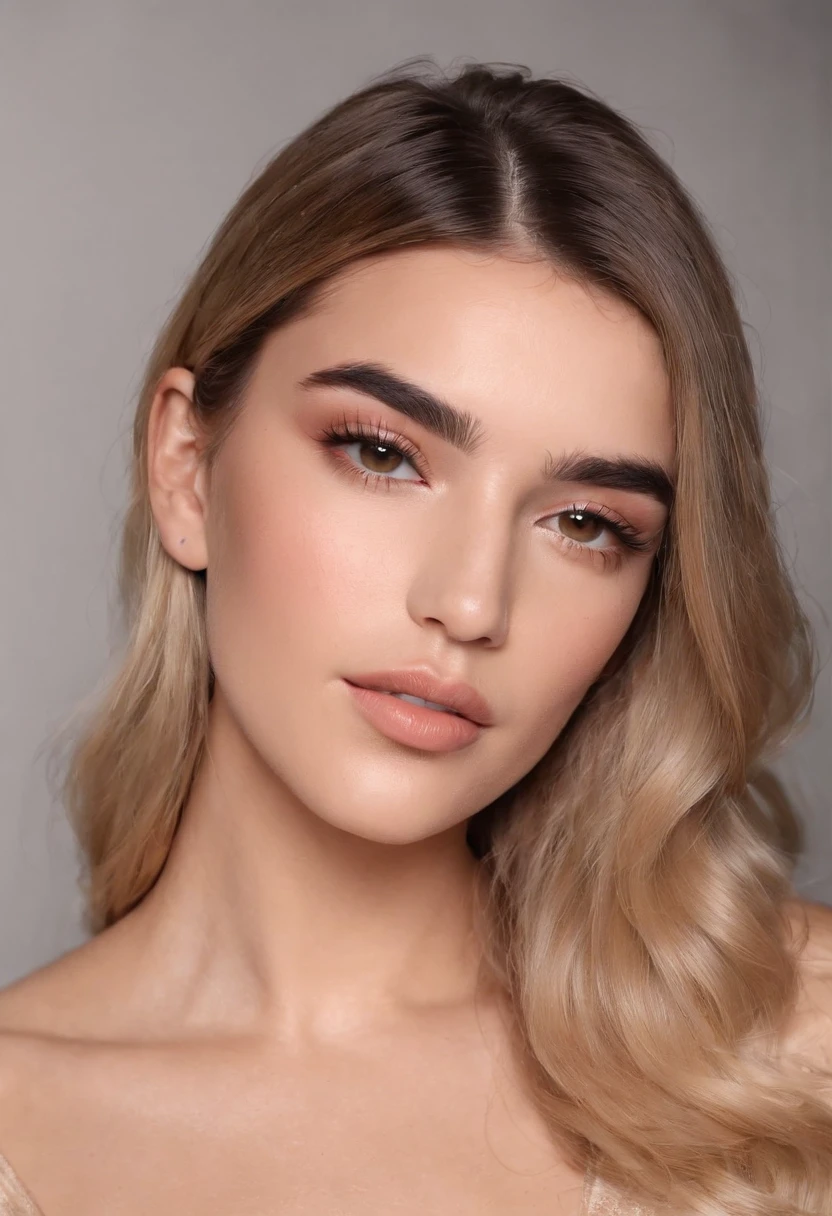 a woman who is Dua Lipa's sister and possesses captivating brown eyes, often framed by bold or sparkling makeup, and thick, well-defined brows that are sometimes accentuated by subtle makeup. Her full lips are often highlighted by bold lipsticks and glowing glosses. Avec une forme de visage ovale et des pommettes saillantes, She often displays a smooth complexion with a natural glow, sometimes opting for minimalist makeup that highlights her natural beauty. Bien que sa coiffure varie, passant de couleurs et longueurs diverses, It always adds an extra dimension to its overall appearance, qu'elle soit brune ou blonde, avec des cheveux longs ou court. Her confident look and confident aura add to her overall charm and charisma on stage and in the media.