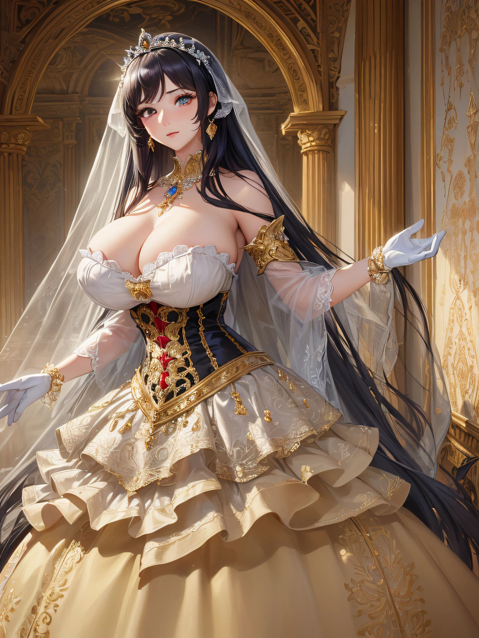 ((anime artstyle)),(Masterpiece),(Best Quality), (Super Detail),((Very Delicate and Beautiful)),cinematic lighting,1 girl,((full body portrait)),((standing in garden)),((solo)),(((1 fairytale princess in gorgeous embroidery and jeweled extremely gorgeous rococo princess ballgown with voluminous full length hoop skirt))),an hourglass waist,padded and corseted bodice,(((huge crinoline hoopskirt))),long train,((gorgeous embroidery and jeweled)),voluminous frills,See-through,(((extremely gigantic tits,skindentation))),cleavage,((absurdly Long Straight Hair,extremely voluminous Straight long Hair,absurdly Long Straight Hair)),(finely detailed face and eyes),clear pupil,extremely gorgeousfull hair ornament,(bling-bling jeweled extremely gorgeousfull tiara),((bling-bling gorgeous gemstone jewelry)),gorgeous long veil,((ultra long gloves)),(beautiful background),(full body),((gorgeous embroidery and jeweled extremely gorgeous rococo princess ballgown with voluminous full length hoop skirt))