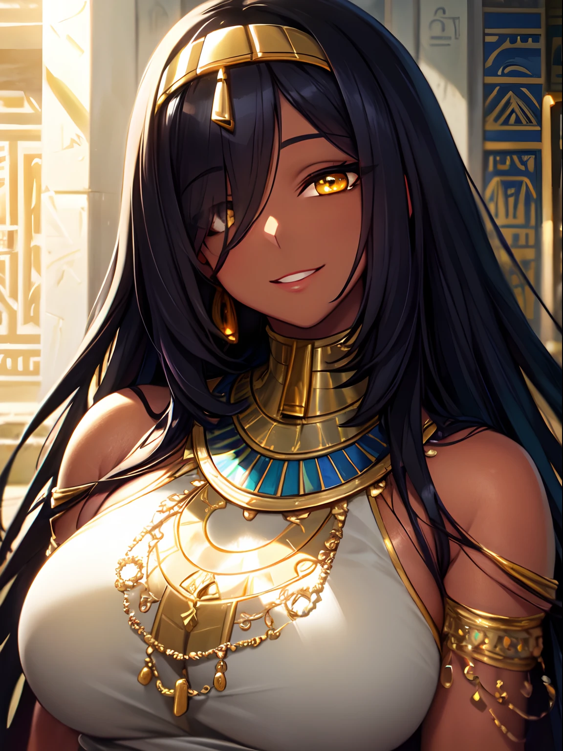 (SLE, mksks style, detailed background:1.1), (solo:1.3), mature, woman, dark skin, ornate egyptian dress, long hair, black hair, beautiful hair, hair over eye, yellow_eyes, voluptuous body, happy, portait, head tilt, close up, volumetric lighting, (outdoor:1.3), egyptian house, colorful