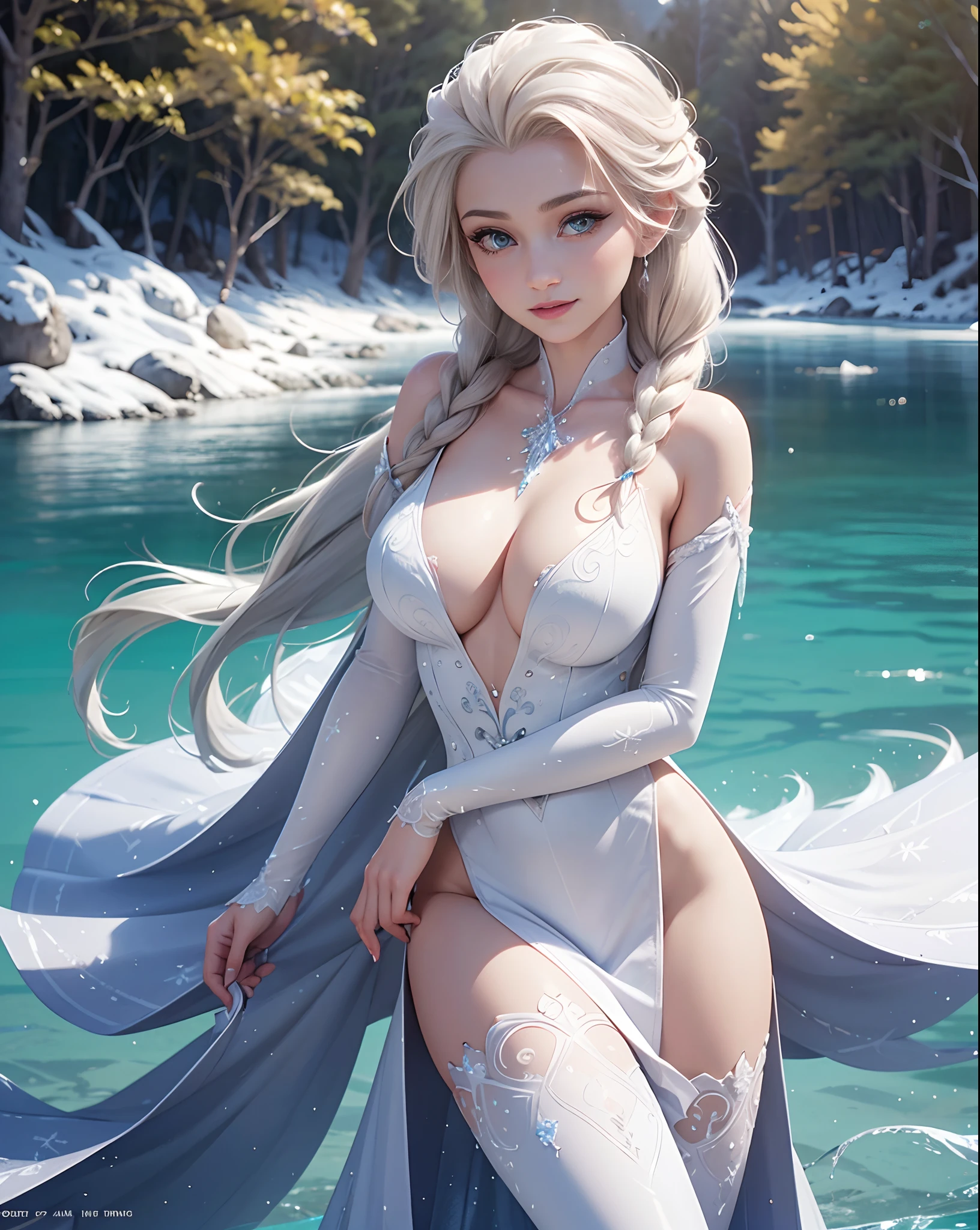 (best quality, masterpiece, colorful, dynamic angle, highest detailed) upper body photo, happy, (elsa from frozen), fashion photography of cute white long hair girl (Stunning mature woman), ((massive gigantic breasts)), dressing high detailed Frozen white suit (high resolution textures), in dynamic pose, bokeh, (intricate details, hyperdetailed:1.15), detailed, sunlight passing through hair, epic ice storm background, (official art, extreme detailed, highest detailed),