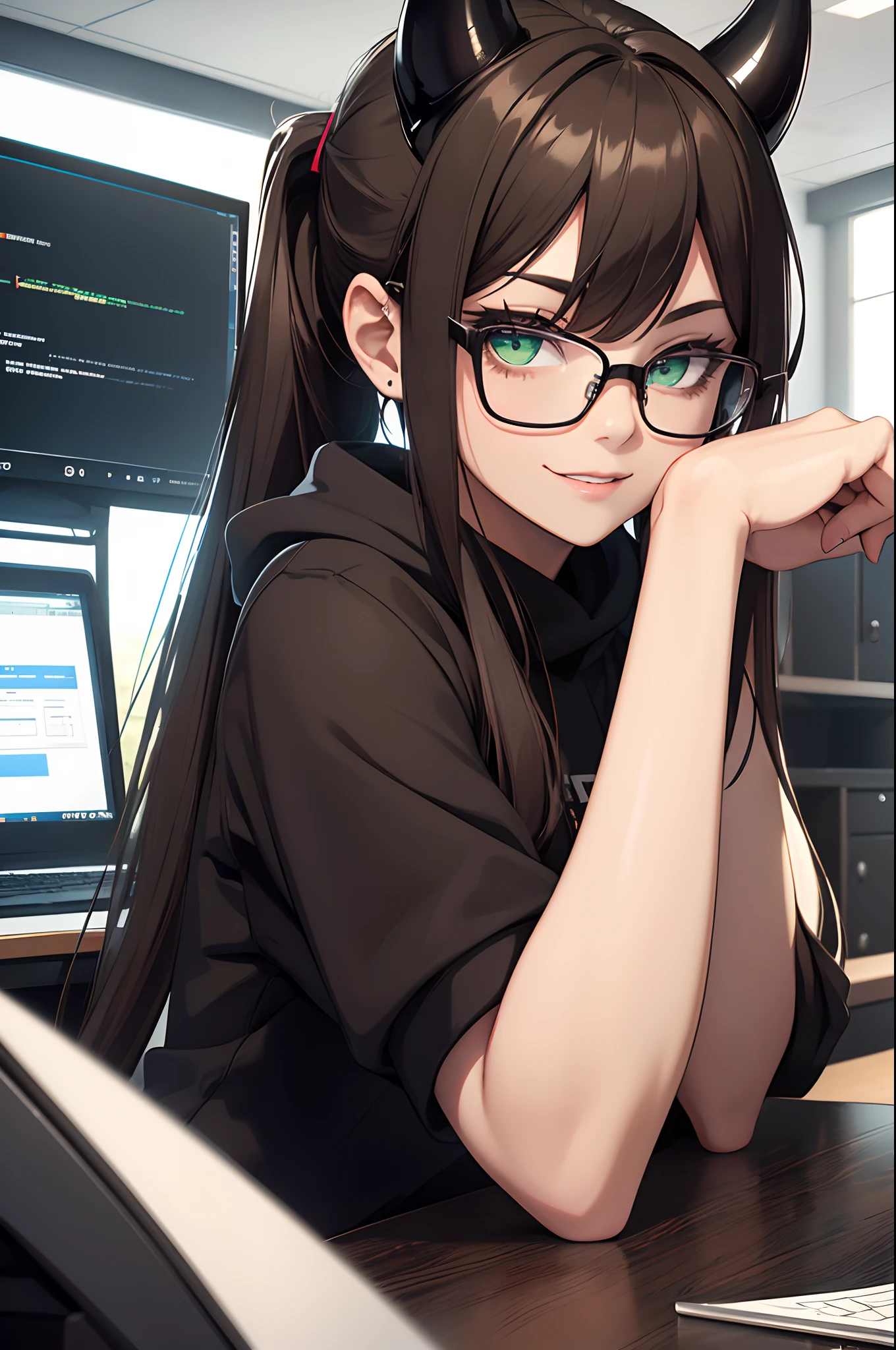 (best quality:1.2,8k,highres,masterpiece:1.2),1girl,solo,brown hair,beautiful detailed smile,green eyes,vivid colors,high quality artstyle,ultra-detailed,realistic:1.37,quality shadows,HDR,ultra-fine painting,long eyelashes,professional,ponytail,blacl hoodie with metal band,black skirt,devil horns, black glasses, sitting behind a computer