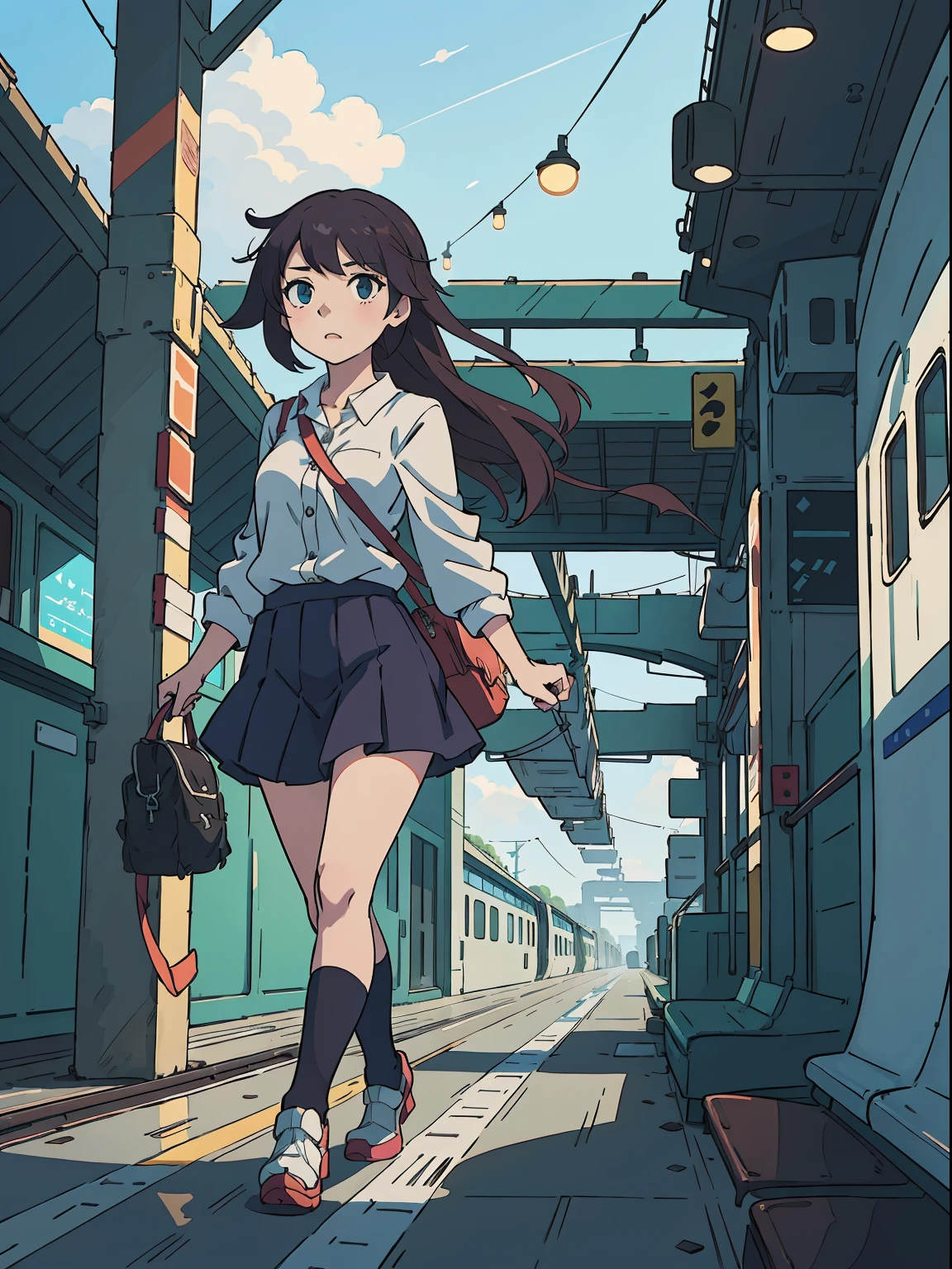 anime girl with long hair walking on a train platform, kantai collection style, railgun, konpeki no kantai, kantai collection arcade, kancolle, makoto shinkai style, anime visual of a cute girl, makoto shinkai art style, beautiful anime high school girl, anime style 4 k, official artwork, shinkai makoto