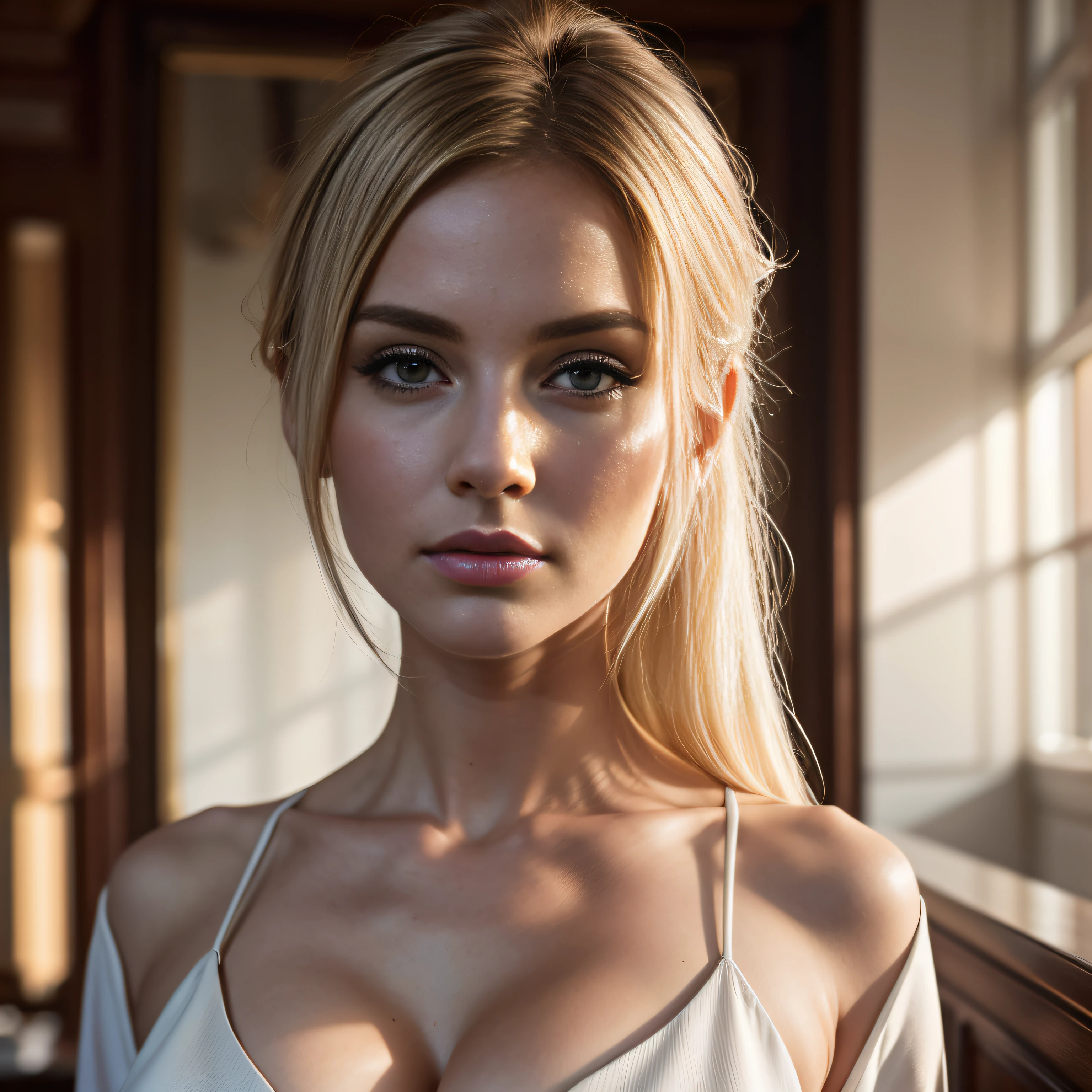 Photo professionnelle du corps entier, (Photo 4k:1.1) par (Jeremy Lipking:0.3), (Dittmann Anna:0.3), (jiner:0.3), (mise au point nette:1.3), High detail, Elegant businesswoman, Revealing white dress, restaurant, cheveux blonds, Pose of the Instagram model, confiant, fille en forme, Fille maigre, seins moyens:1.2, anatomie parfaite, Perfect symmetry:1.2, Realstic, realistic face:1.2, visage parfait, contenu, confiant, highly detailed, et dramatique, lighting cinematic, Lighting scene, soft lights