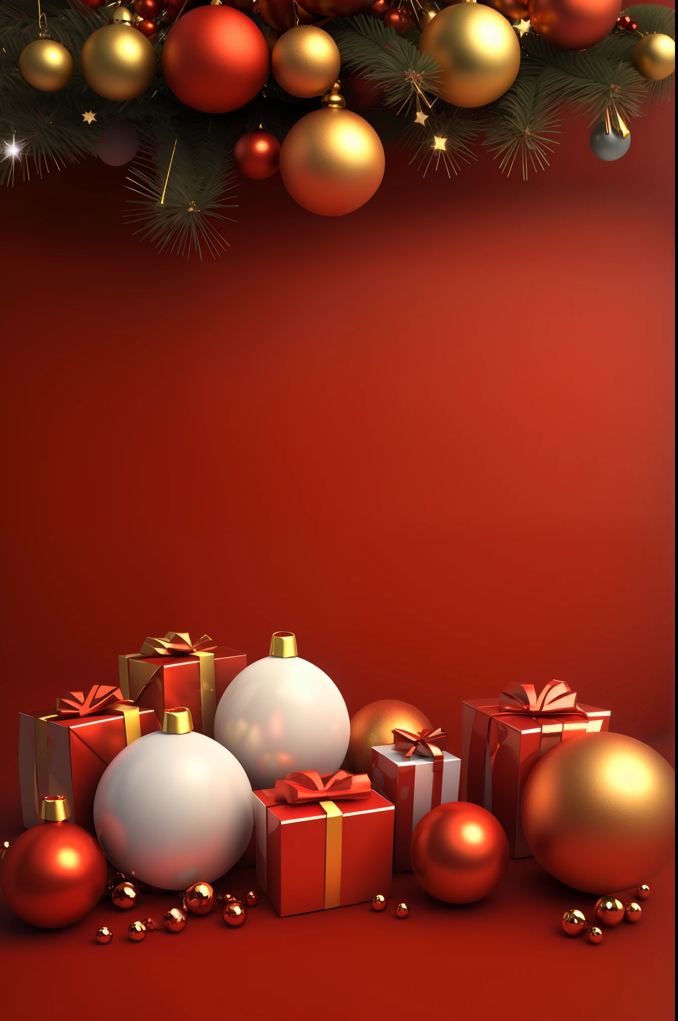 Bolas de Natal e presentes em um fundo vermelho com uma guirlanda, vermelho realista 3 d prestar, em um fundo vermelho, prestar, Cores Vermelho e Branco, fundo vermelho fotorrealista, Prestização de fotos, prestarizado em cinema4d, prestarizado em cinema 4 d, 2 d cg |, detalhes de cor vermelha e dourada, esquema de cores vermelho branco e dourado, imagem de fundo, tema de cores vermelho e branco