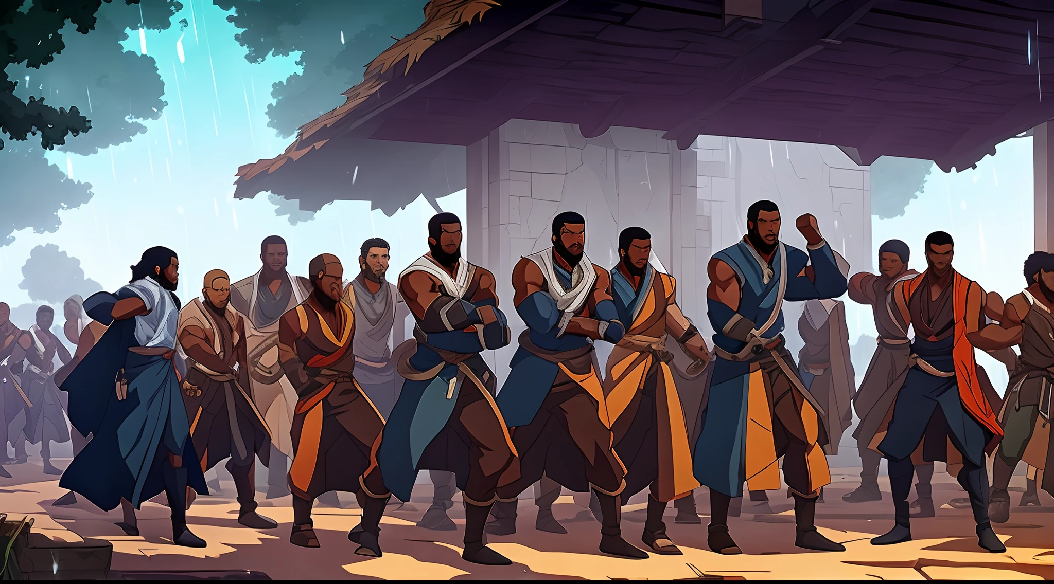 cinematic style, cinematic image, Artstation rpg, several shirtless black men, prisoners, in a village, raining, anime, vector art, Legend of Korra style