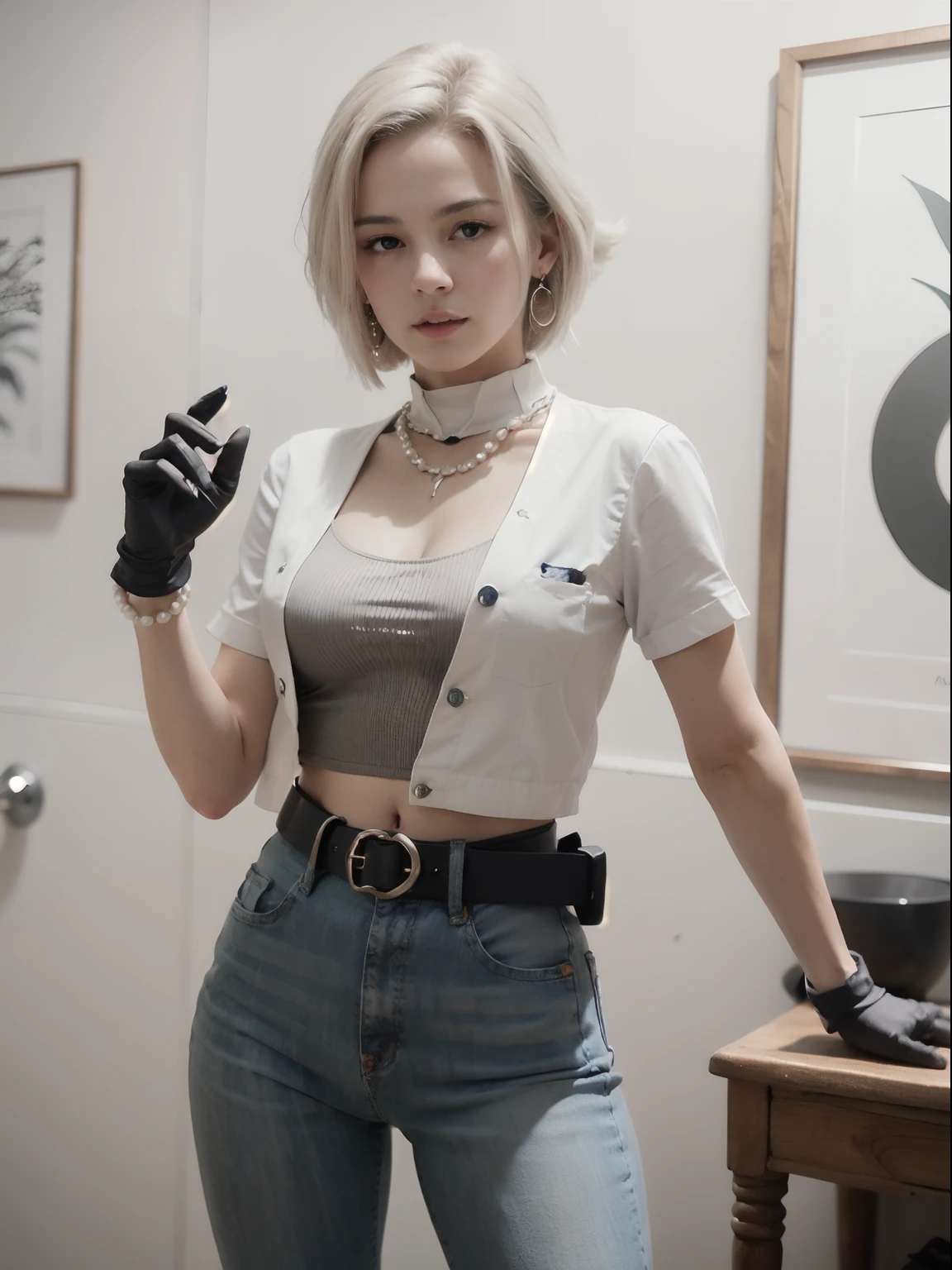 masterpiece, best quality, intricate detail,  android_18, and18, 1girl, android 18,  dragon ball z,  solo, blonde hair, blue eyes, belt, jeans, pearl_necklace, bracelet, black gloves, white shirt, short hair, short sleeves, earrings, blue pants, open vest, black vest,