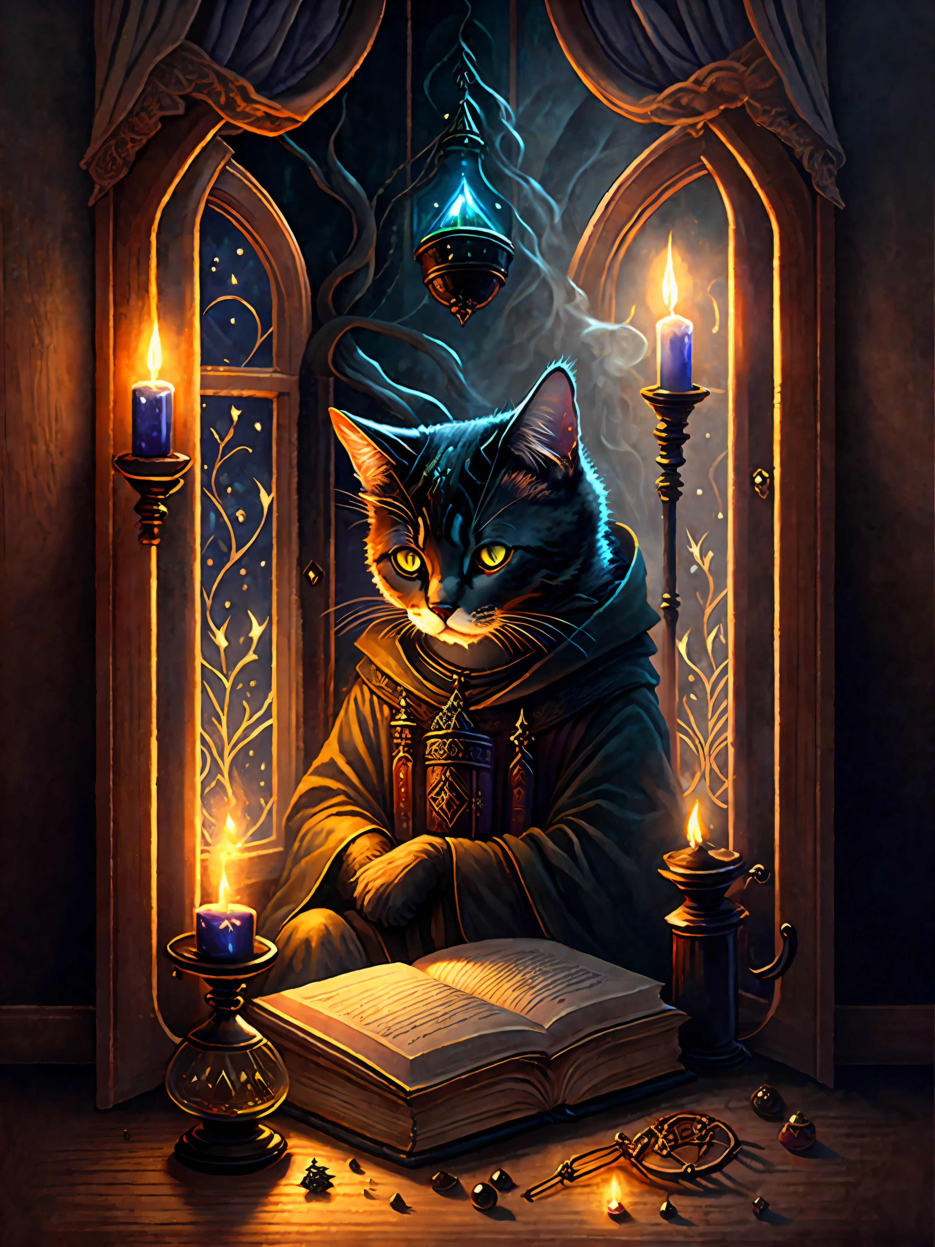 A table with lots of books next to the window, dark fantasy digital art, cat witch oil painting, holding spell book, black background pinterest, casting spells on potions, lab, ominous atmosphere, dripping candles, dusty library, alchemy, earth magic, hecate