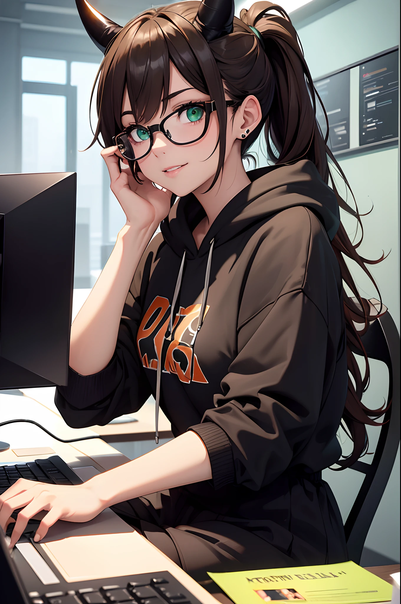 (best quality:1.2,8k,highres,masterpiece:1.2),1girl,solo,brown hair,beautiful detailed smile,green eyes,vivid colors,high quality artstyle,ultra-detailed,realistic:1.37,quality shadows,HDR,ultra-fine painting,long eyelashes,professional,ponytail,blacl hoodie with metal band,black skirt,devil horns, black glasses, sitting behind a computer