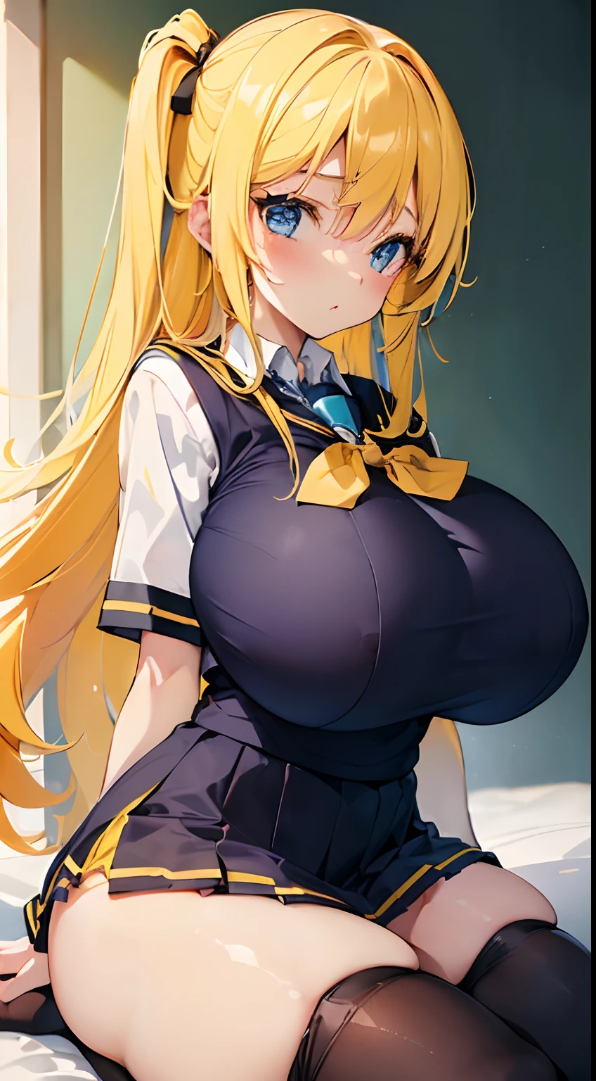 ((Sexual turn, **** with gigantic breasts and gigantic bust and ****)), ((Best quality:1.5)),Blue eyes,((Yellow hair and gigantic tits and black stockings and school uniform))************