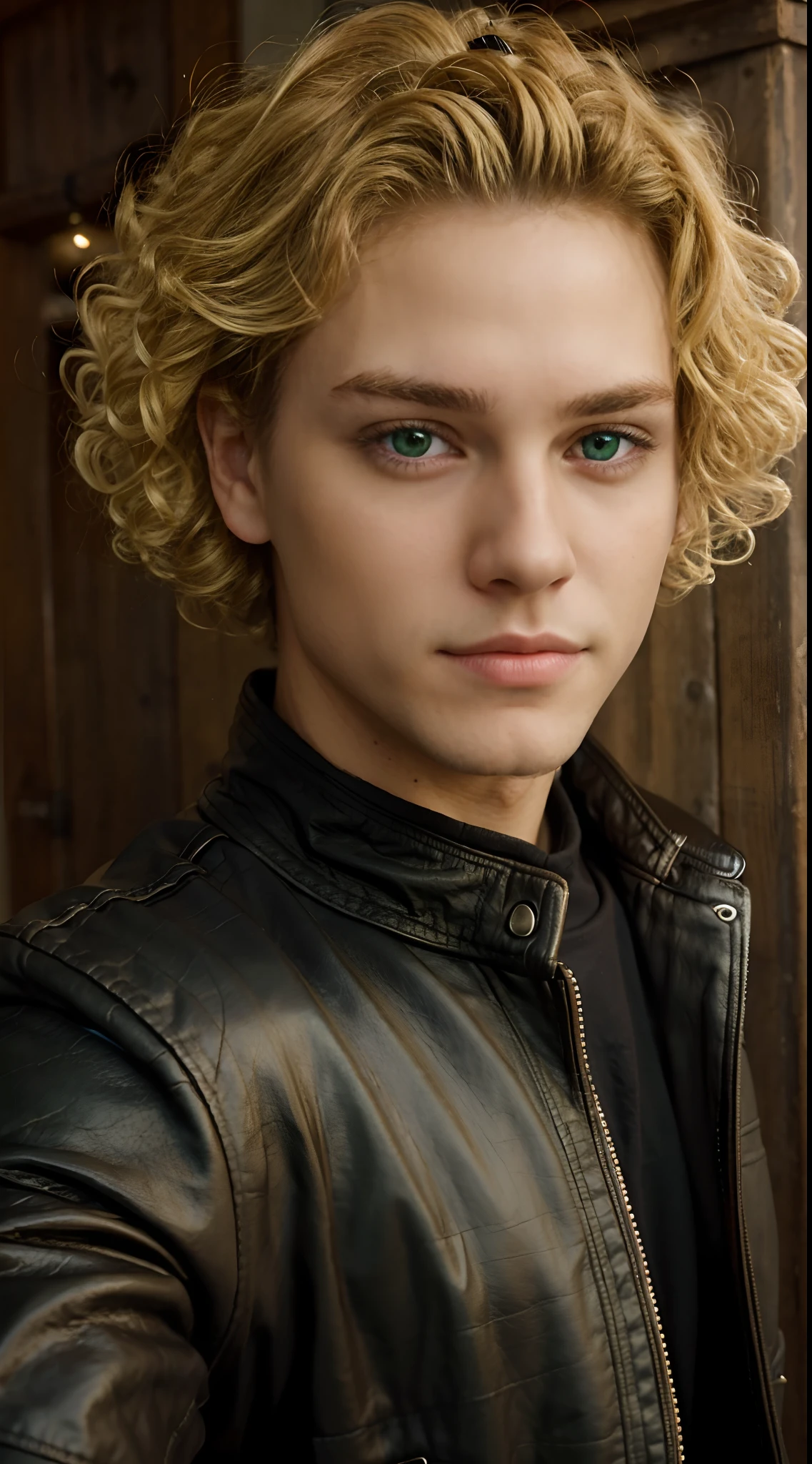 close up selfie, young man, (blonde curly hair:1.3), green eyes, clean shaved, cute, beautiful, skinny, leather jacket