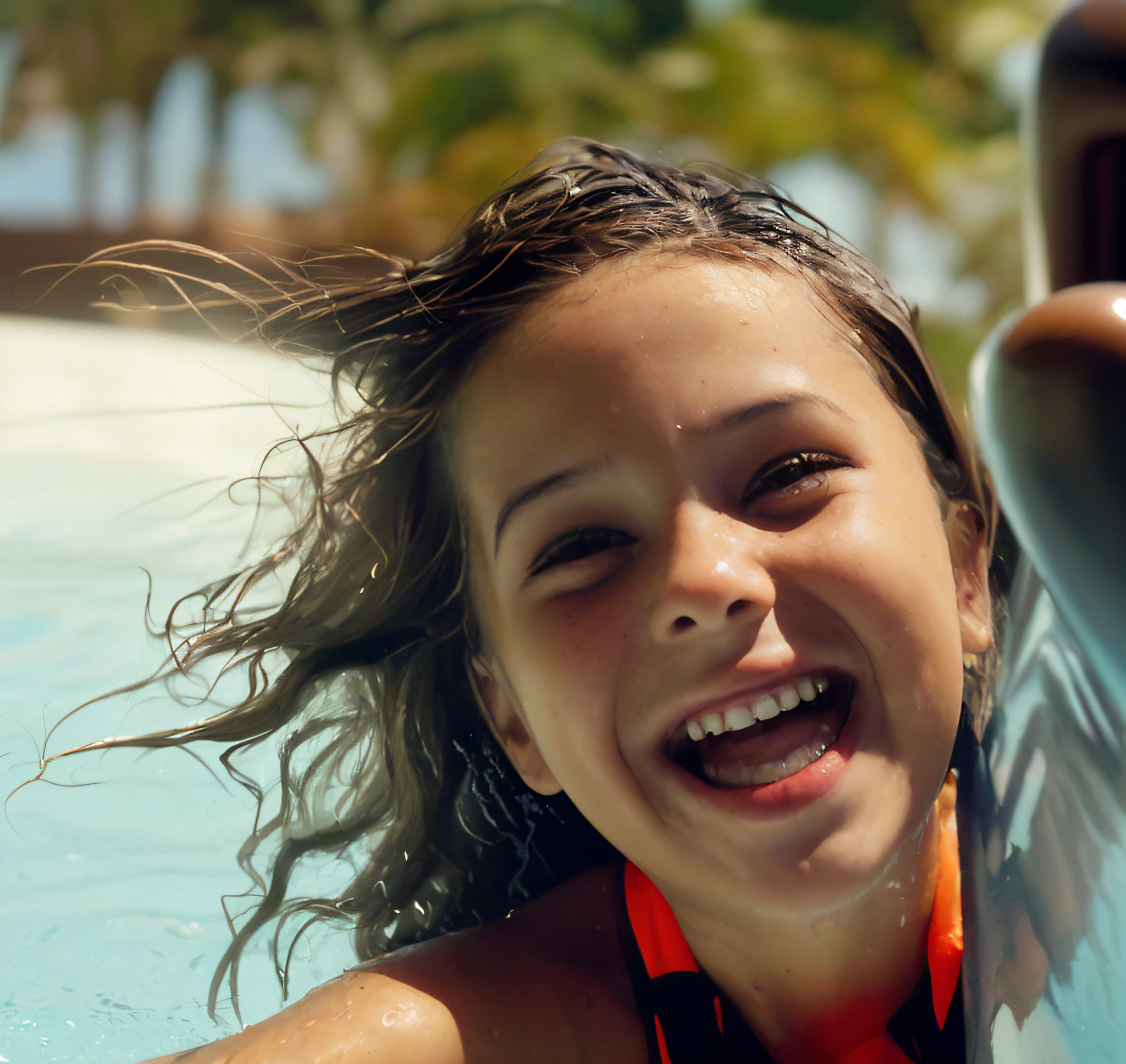 Muchacha sonriente con el ((pelo muy mojado)) en la piscina con el chorro de agua, imagen fotorrealista, happy ???, , Retrato fotorrealista, Foto realista, happy girl, The teeth are from a 6-year-old girl, Enhance the photographic finish by intensifying bright lights from the sun's glare