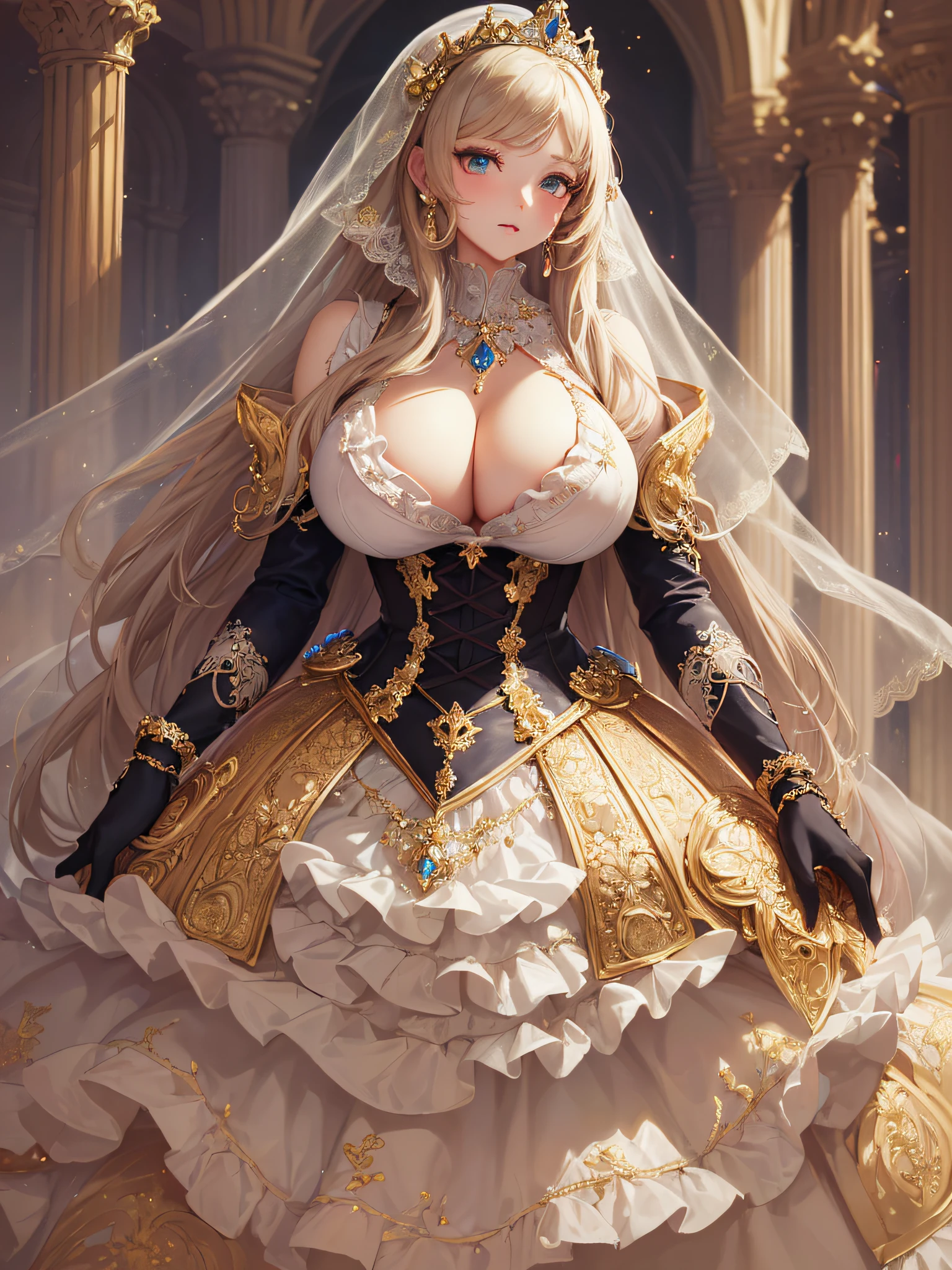 ((anime artstyle)),(Masterpiece),(Best Quality), (Super Detail),((Very Delicate and Beautiful)),cinematic lighting,1 girl,((full body portrait)),((standing in garden)),((solo)),(((1 fairytale princess in gorgeous embroidery and jeweled extremely gorgeous rococo princess ballgown with voluminous full length hoop skirt))),an hourglass waist,padded and corseted bodice,(((huge crinoline hoopskirt))),long train,((gorgeous embroidery and jeweled)),voluminous frills,See-through,(((extremely gigantic tits,skindentation))),cleavage,((absurdly Long Straight Hair,extremely voluminous Straight long Hair,absurdly Long Straight Hair)),(finely detailed face and eyes),clear pupil,extremely gorgeousfull hair ornament,(bling-bling jeweled extremely gorgeousfull tiara),((bling-bling gorgeous gemstone jewelry)),gorgeous long veil,((ultra long gloves)),(beautiful background),(full body),((gorgeous embroidery and jeweled extremely gorgeous rococo princess ballgown with voluminous full length hoop skirt))