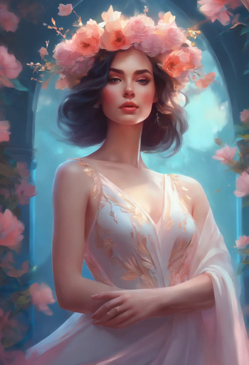 stunning 3D art work, a close up of a beautiful young woman in a dress with flowers crown on her head, rossdraws cartoon vibrant, rossdraws global illumination, beautiful digital illustration, lady with glowing flowers dress, beautiful sunset, artgerm and atey ghailan, beautiful digital artwork, rossdraws digital painting, beautiful character painting, colorful concept art, rossdraws pastel vibrant, fantasy art style, stylized digital art