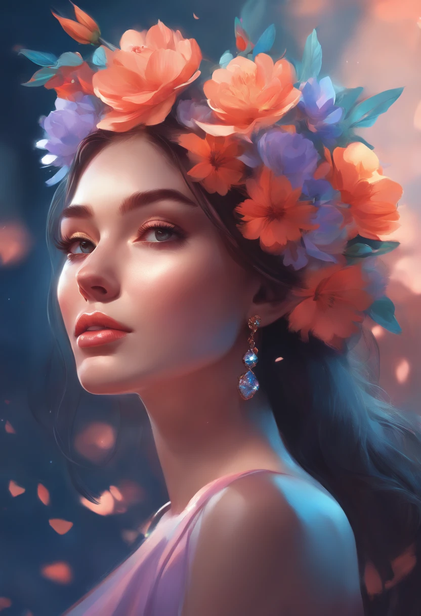 stunning 3D art work, a close up of a beautiful young woman in a dress with flowers crown on her head, rossdraws cartoon vibrant, rossdraws global illumination, beautiful digital illustration, lady with glowing flowers dress, beautiful sunset, artgerm and atey ghailan, beautiful digital artwork, rossdraws digital painting, beautiful character painting, colorful concept art, rossdraws pastel vibrant, fantasy art style, stylized digital art