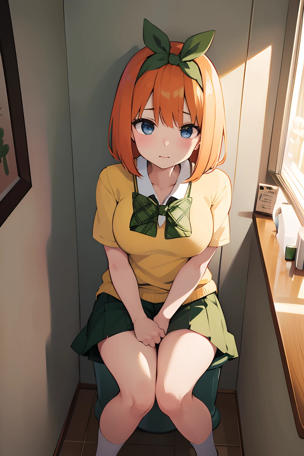 Nakano Yotsuba(The Bride of Fifths)、1girl, ​masterpiece、top-quality、NSFW, {{pissing}}、vagina, Orange pubic hair, toilet room、green hair bow, yellow sweater, lowfers、Shining eyes、