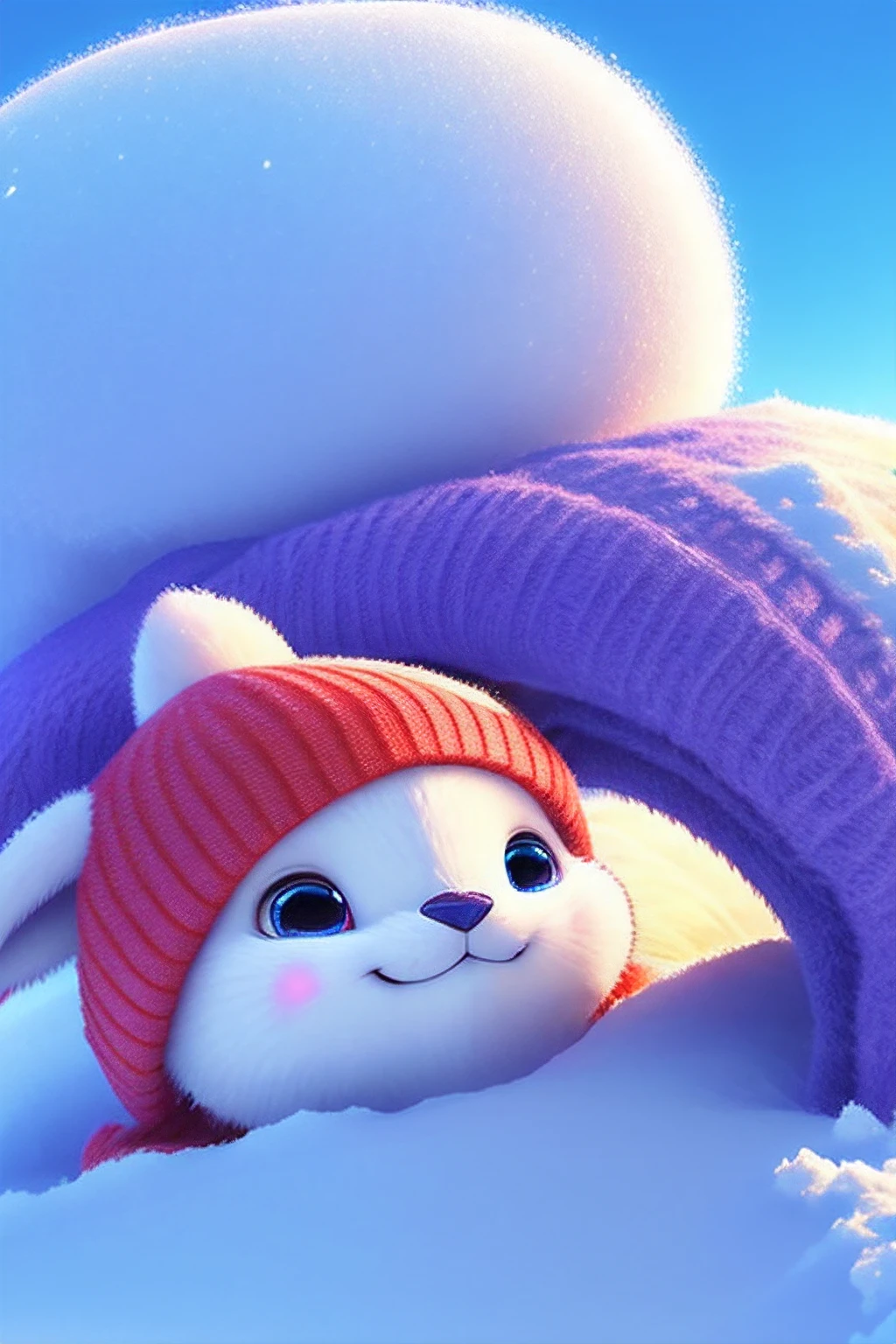 cute harp seal with fluffy fur wearing a snapback hat, lying flat down in snow, head and body covered in a pile of snow, snowing in the arctic, vivid colors, 3d render, bright lighting, vivid colors, grinning from ear to ear,