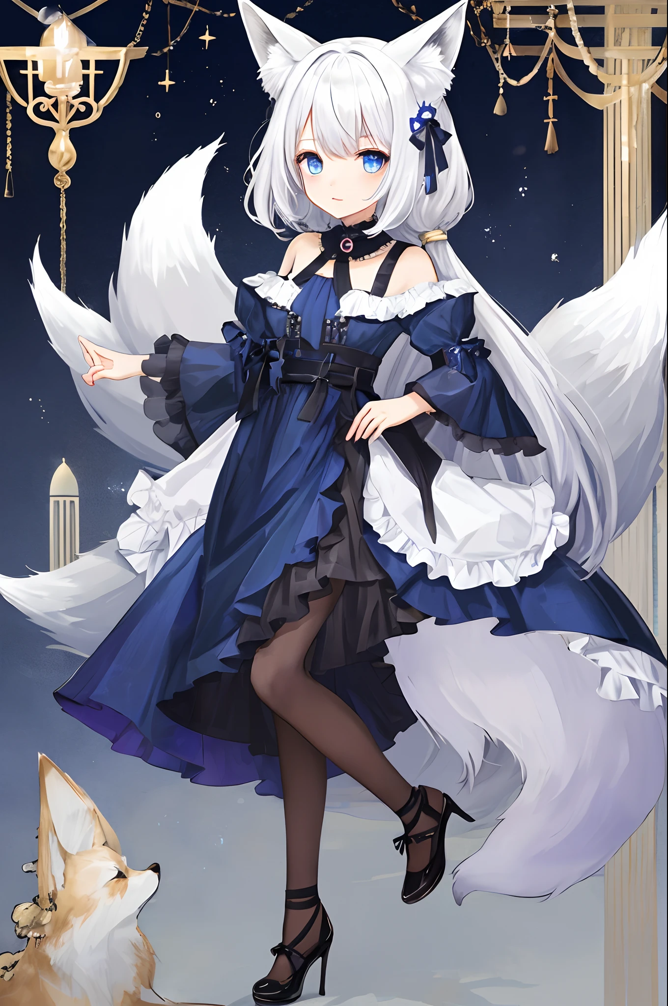 Chibi、1girl in、fullllbody、Fox ears、White hair、Blue eyes、