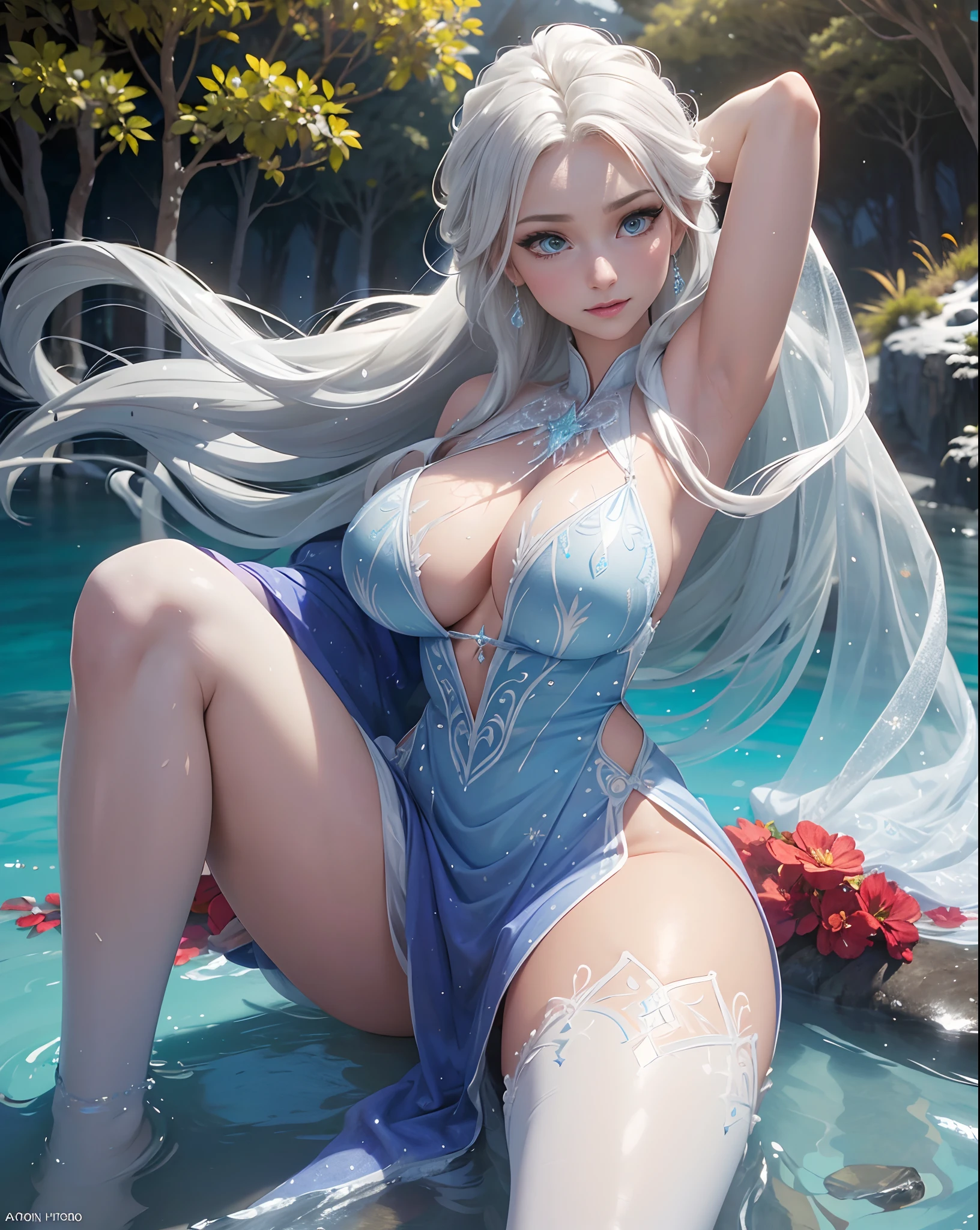 (best quality, masterpiece, colorful, dynamic angle, highest detailed) upper body photo, happy, (elsa from frozen), fashion photography of cute white long hair girl (Stunning mature woman), ((massive gigantic breasts)), dressing high detailed Frozen white suit (high resolution textures), in dynamic pose, bokeh, (intricate details, hyperdetailed:1.15), detailed, sunlight passing through hair, epic ice storm background, (official art, extreme detailed, highest detailed),