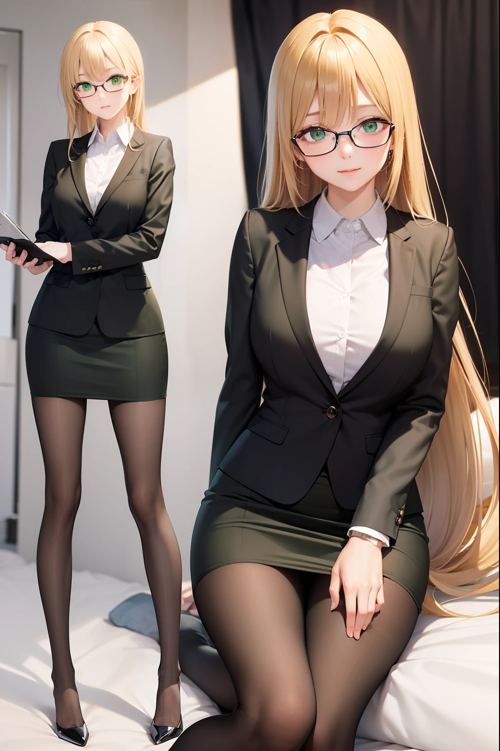 Lunatierke Tiague, Whimsical tears, Blonde hair, (Green eyes:1.5), Hair intake, Long hair, low-tied long hair, Glasses,
Breaking a business suit, Formal, Jacket, pantyhose, pencil skirts, Skirt, Skirt suit, Suit, thighs thighs thighs thighs, Black Suit, Black jacket, Black skirt,sleep、((Toe of tights))、
Watch your audience and take a break,(Bedroom)、on the beds、BREAK (masutepiece:1.2), Best Quality, High resolution, Unity 8k壁纸, (Illustration:0.8), (Beautiful detailed eyes:1.6), extra detailed face, Perfect Lighting, extremely details CG, (Perfect hands, Perfect Anatomy),