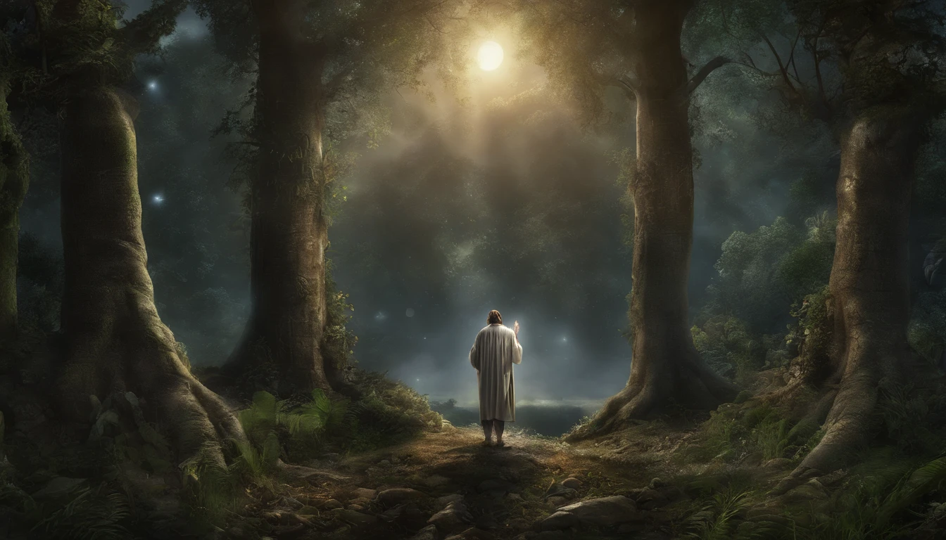 A psalmist in biblical times asking for supplication in cry to God, Kneeling praying with both hands outstretched open upwards, in a beautiful paradisiacal forest with many trees, at night but with a bright moonlight illuminating it