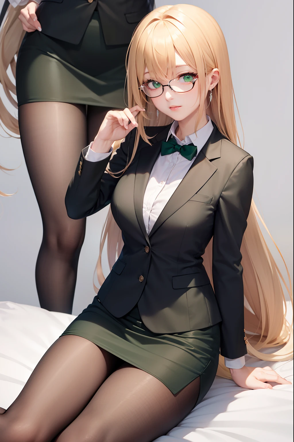 Lunatierke Tiague, Whimsical tears, Blonde hair, (Green eyes:1.5), Hair intake, Long hair, low-tied long hair, Glasses,
Breaking a business suit, Formal, Jacket, pantyhose, pencil skirts, Skirt, Skirt suit, Suit, thighs thighs thighs thighs, Black Suit, Black jacket, Black skirt,sleep、((Toe of tights))、((Open legs))、(huge tit)、
Watch your audience and take a break,(Bedroom)、on the beds、BREAK (masutepiece:1.2), Best Quality, High resolution, Unity 8k壁纸, (Illustration:0.8), (Beautiful detailed eyes:1.6), extra detailed face, Perfect Lighting, extremely details CG, (Perfect hands, Perfect Anatomy),