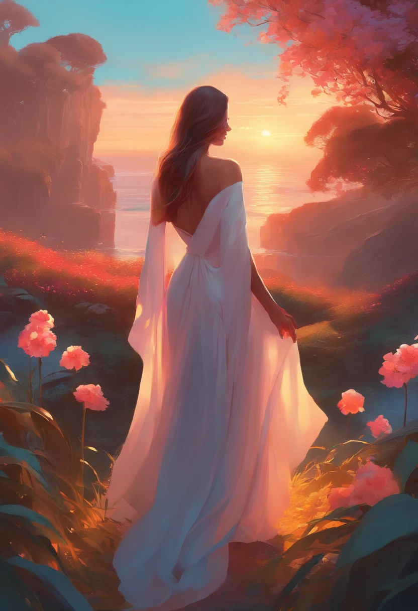 umination, beautiful digital illustration, lady with glowing flowers dress, beautiful sunset, artgerm and atey ghailan, beautiful digital artwork, rossdraws digital painting, beautiful character painting, colorful concept art, rossdraws pastel vibrant, fantasy art style, stylized digital art