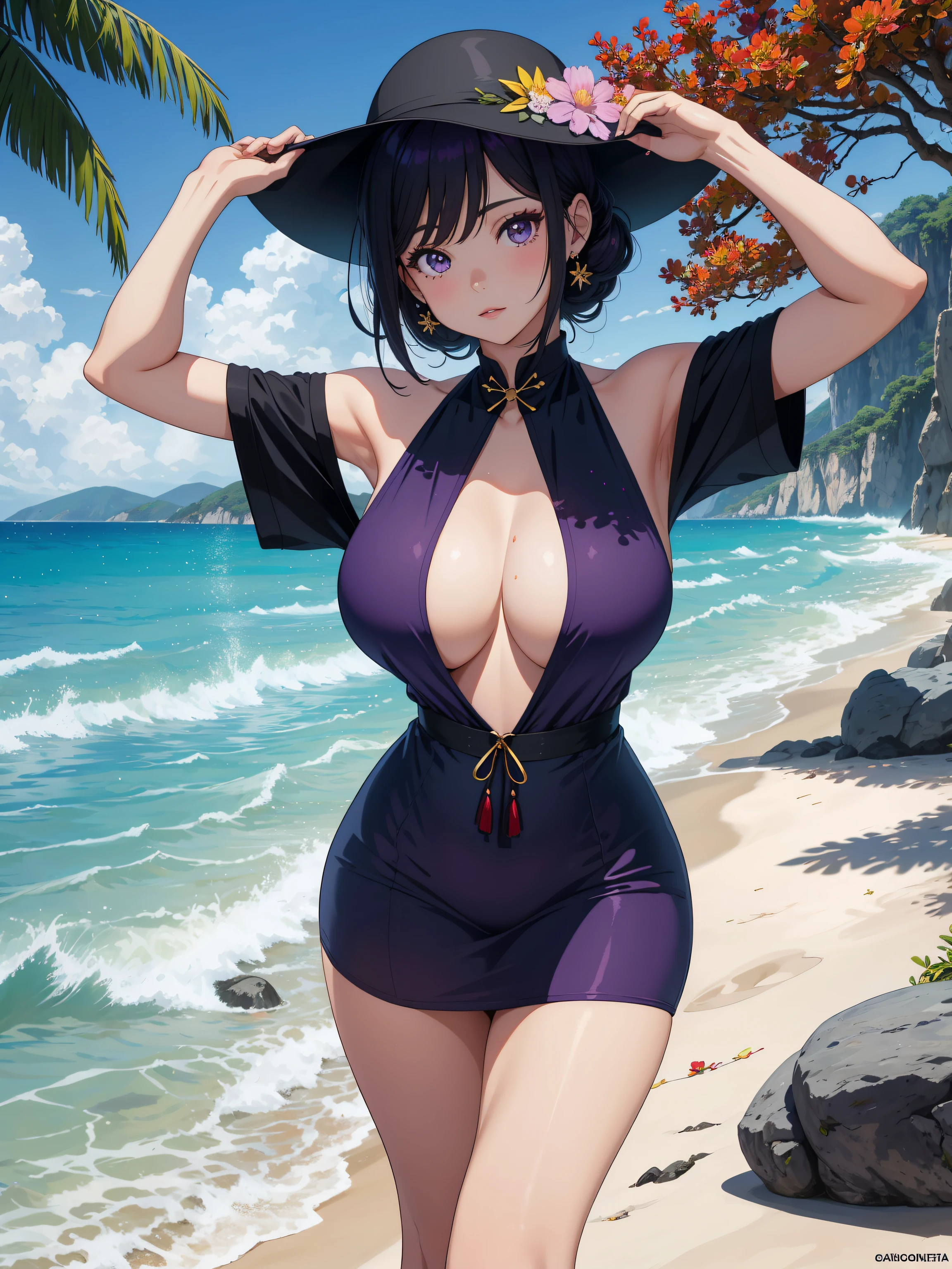 realista, 1girl, cana, purple eyes, ojos brillantes, Tapa recortada, falda, labios separados, sonrojarse, Noche, flores, sol, luz del sol, Cheongsam, Cabello de longitud media, real, warm color, color de fondo color claro, Entorno diurno, fondo de color brillante, Playa, ocean, Lindo,oppai,large boobs,