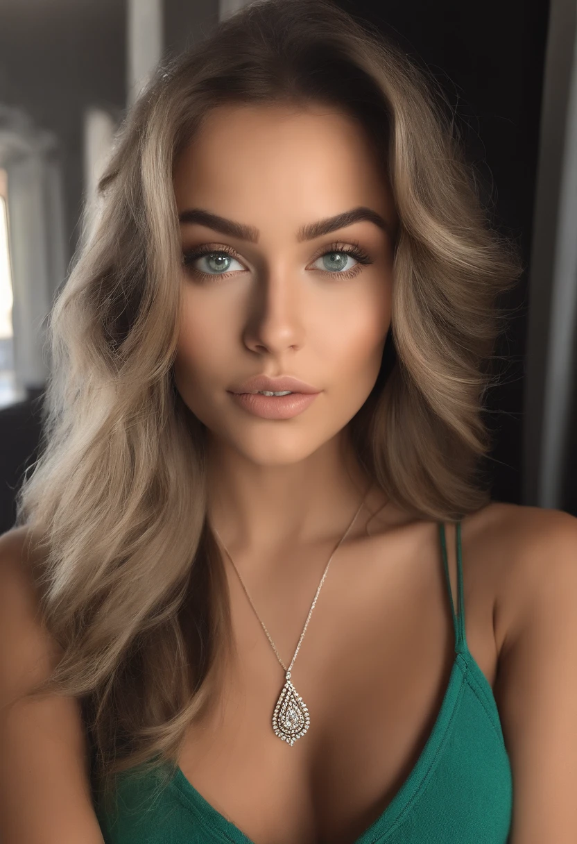 Brazilian woman with a white tank top and necklace, fille sexy aux yeux verts, Portrait Sophie Mudd, cheveux bruns et grands yeux, selfie of a young woman, Yeux de chambre, Violet Myers, sans maquillage, maquillage naturel, looking straight at camera, Visage avec Artgram, Maquillage subtil, Superbe photo du corps entier, piercing green eyes