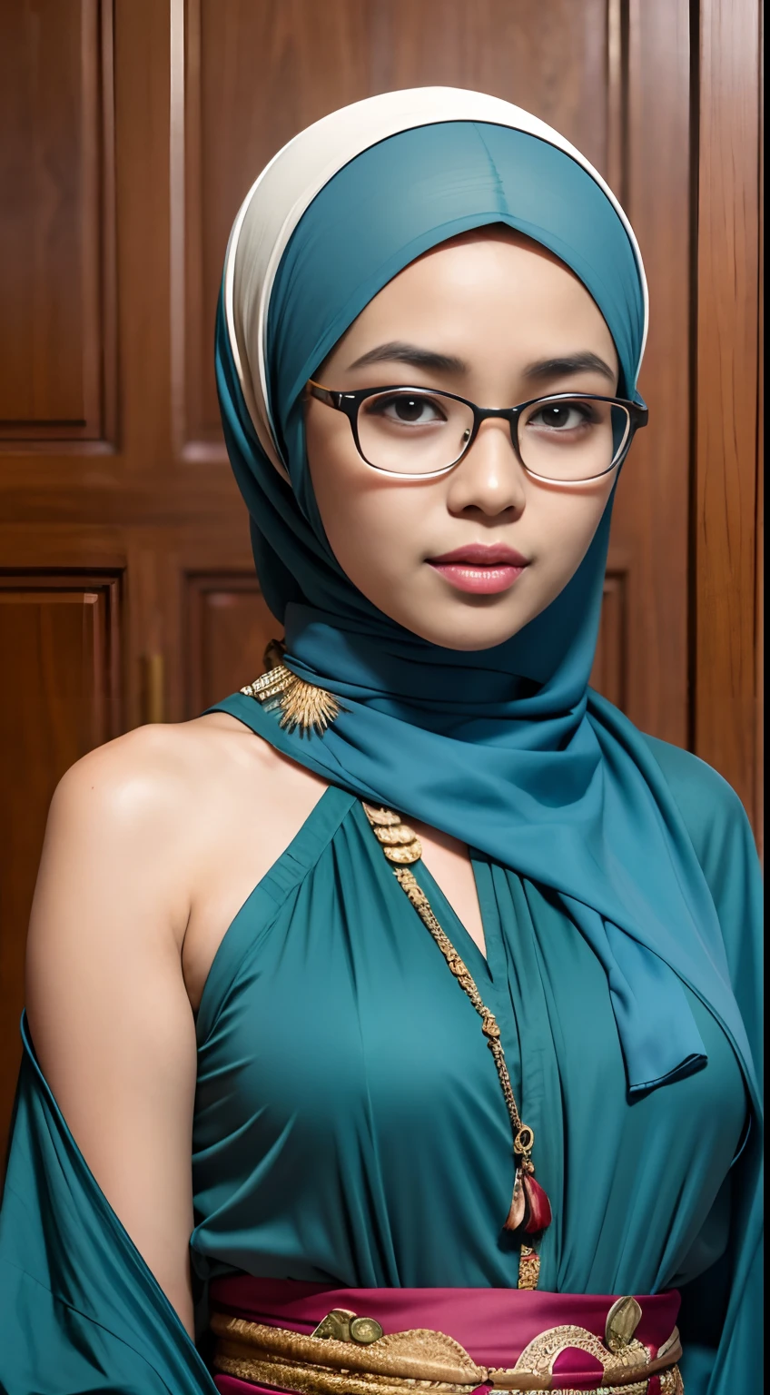 cowboy_pose,naughty, (iu:0.8),cleavage, RAW, Best quality, high resolution, Masterpiece: 1.3, Beautiful glasses pearl_skinned sexy hijabi javanese  at mall, Masterpiece, Soft smile,choker