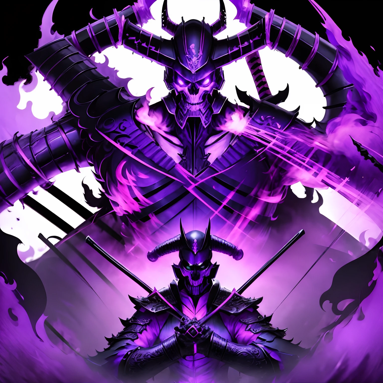 (Purple reaper), (evil smile), (scythe), (purple samurai armor)