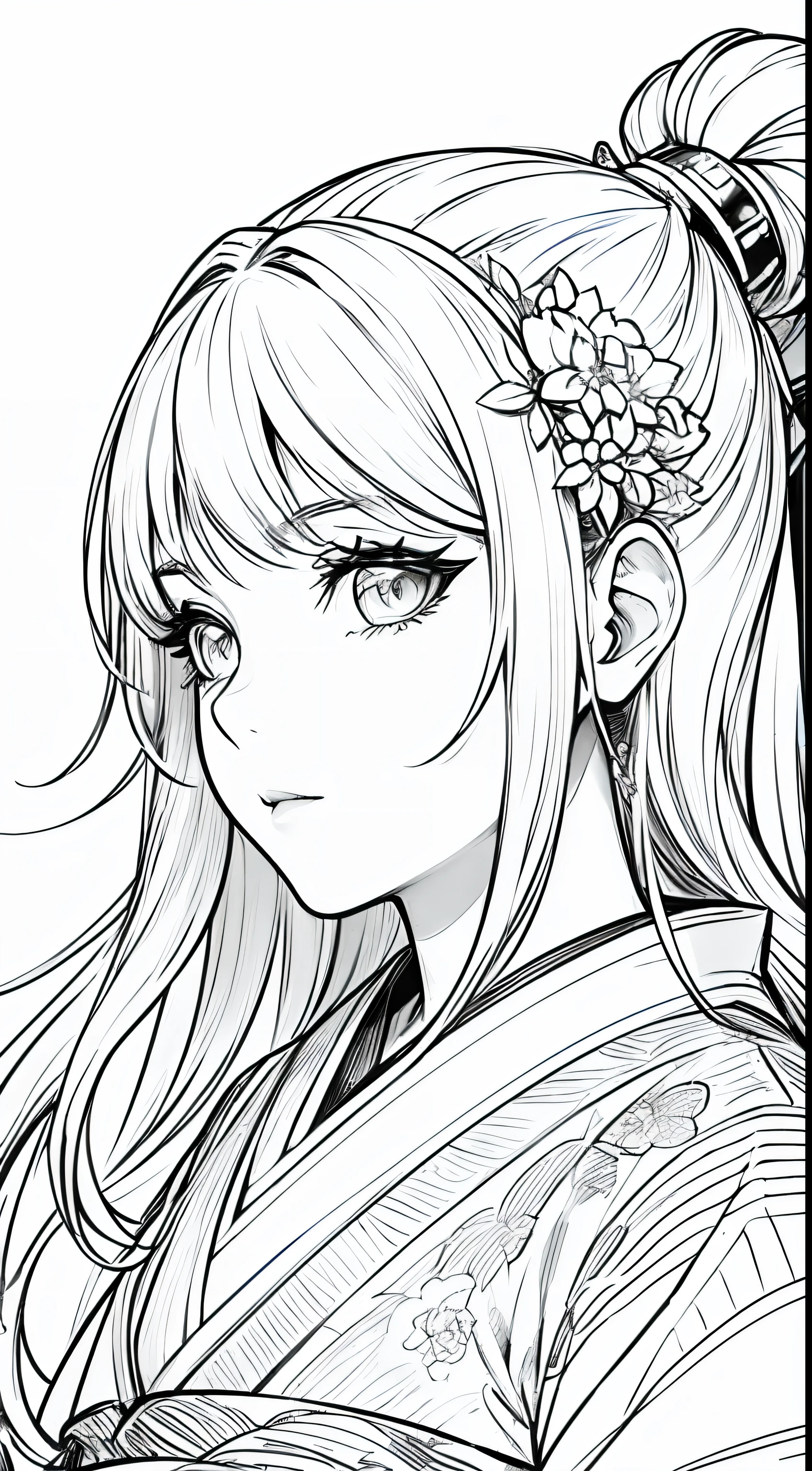 obra-prima, acura, boneca, solo, hanfu, cabelo longo, perfil close-up, fundo de desenho de linha de flor, fundo branco, monocromatic, desenho de linha, ((sketchfab))obra-prima, melhor qualidade, Monochromatic Magical Adventures, in sky