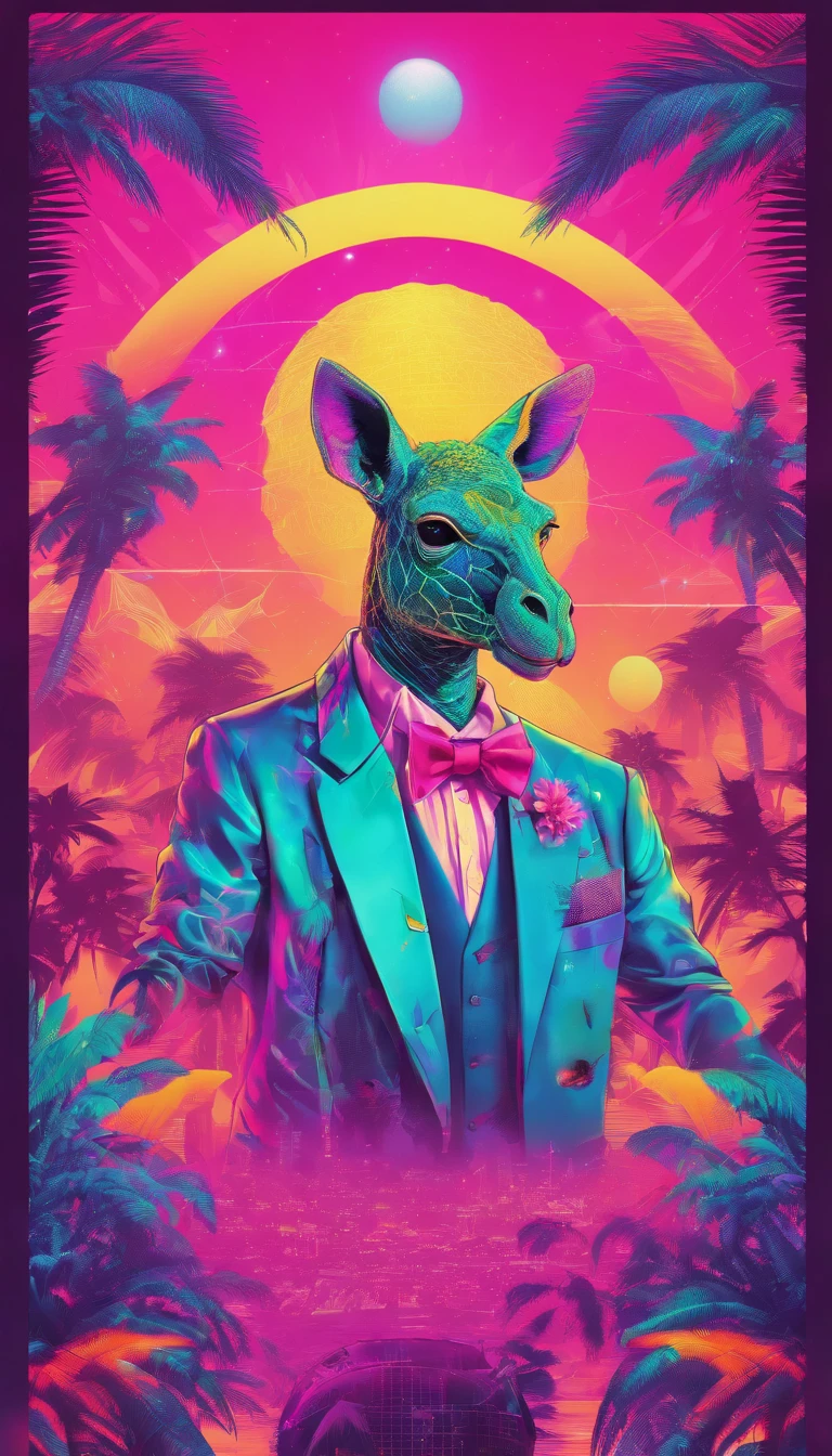 araffe dressed in a suit and tie with a disco ball, wearing disco suit, 8 0's style tomasz alen kopera, poster in 8 0 s style, synthwave style, 8 0 - s style poster, synthwave art style ]!!, inspired by Mike Winkelmann, synthwave art style, synthwave art, king of the jungle