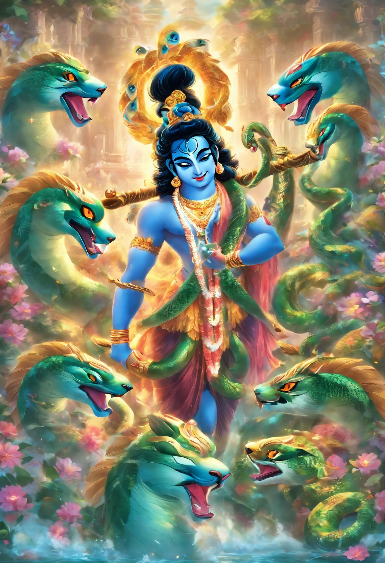 (((Krishna and the Serpent))) best quality, ultra-high resolution, 4K detailed CG, masterpiece, Krishna, Hindu god, talking, serpent, multiple heads, Hindu mythology, river, stream, aesthetic, beautiful image , centered on the screen