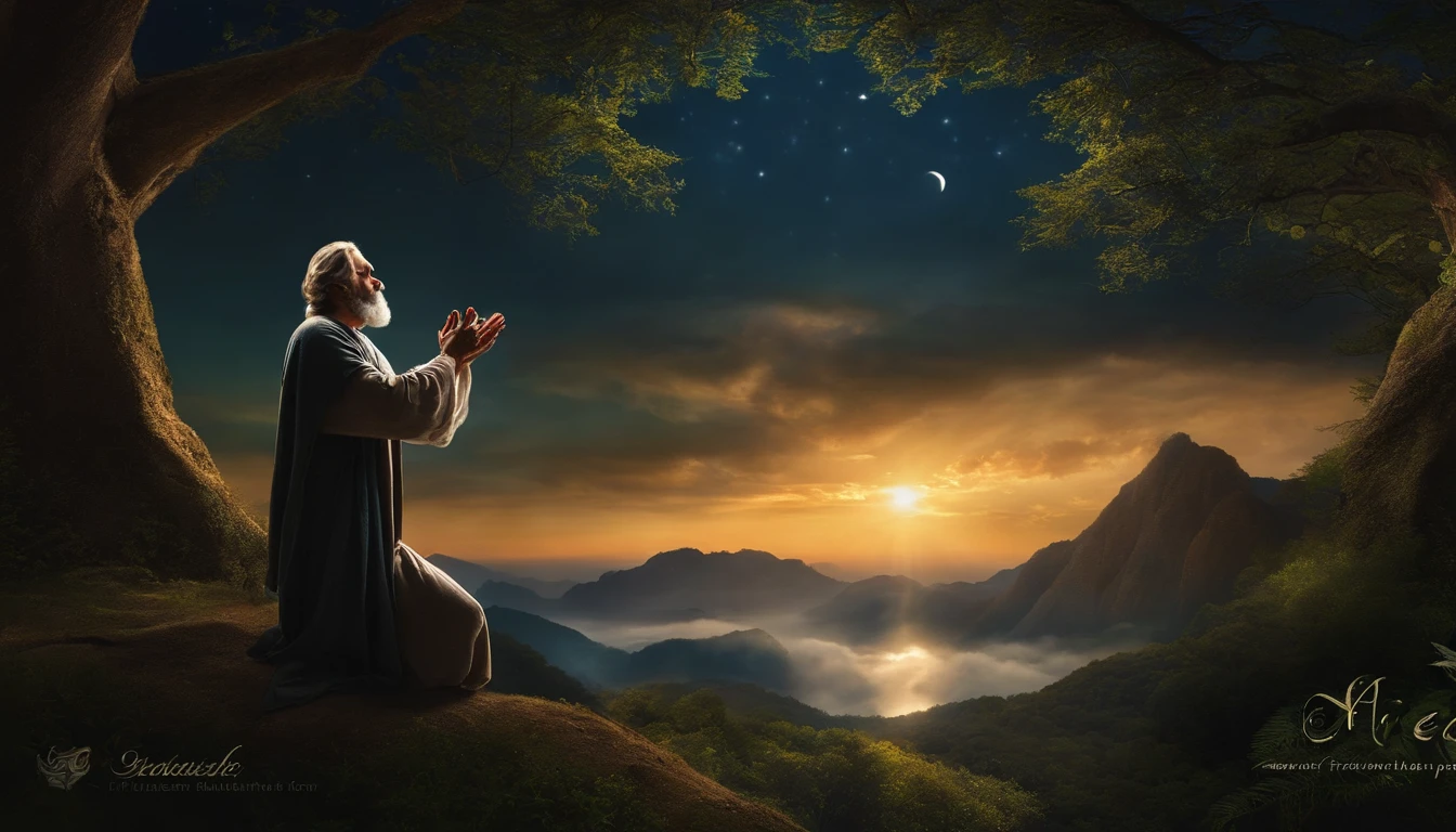 A psalmist in biblical times asking for supplication in cry to God, Kneeling praying with both hands outstretched open upwards, in a beautiful paradisiacal forest with many trees, at night but with a bright moonlight illuminating it, and with the perfect hands of a human without being deformed
