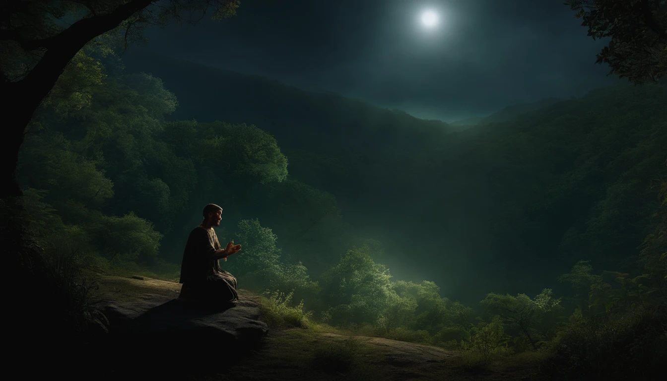A psalmist in biblical times asking for supplication in cry to God, Kneeling praying with both hands outstretched open upwards, in a beautiful paradisiacal forest with many trees, at night but with a bright moonlight illuminating it, and with the perfect hands of a human without being deformed