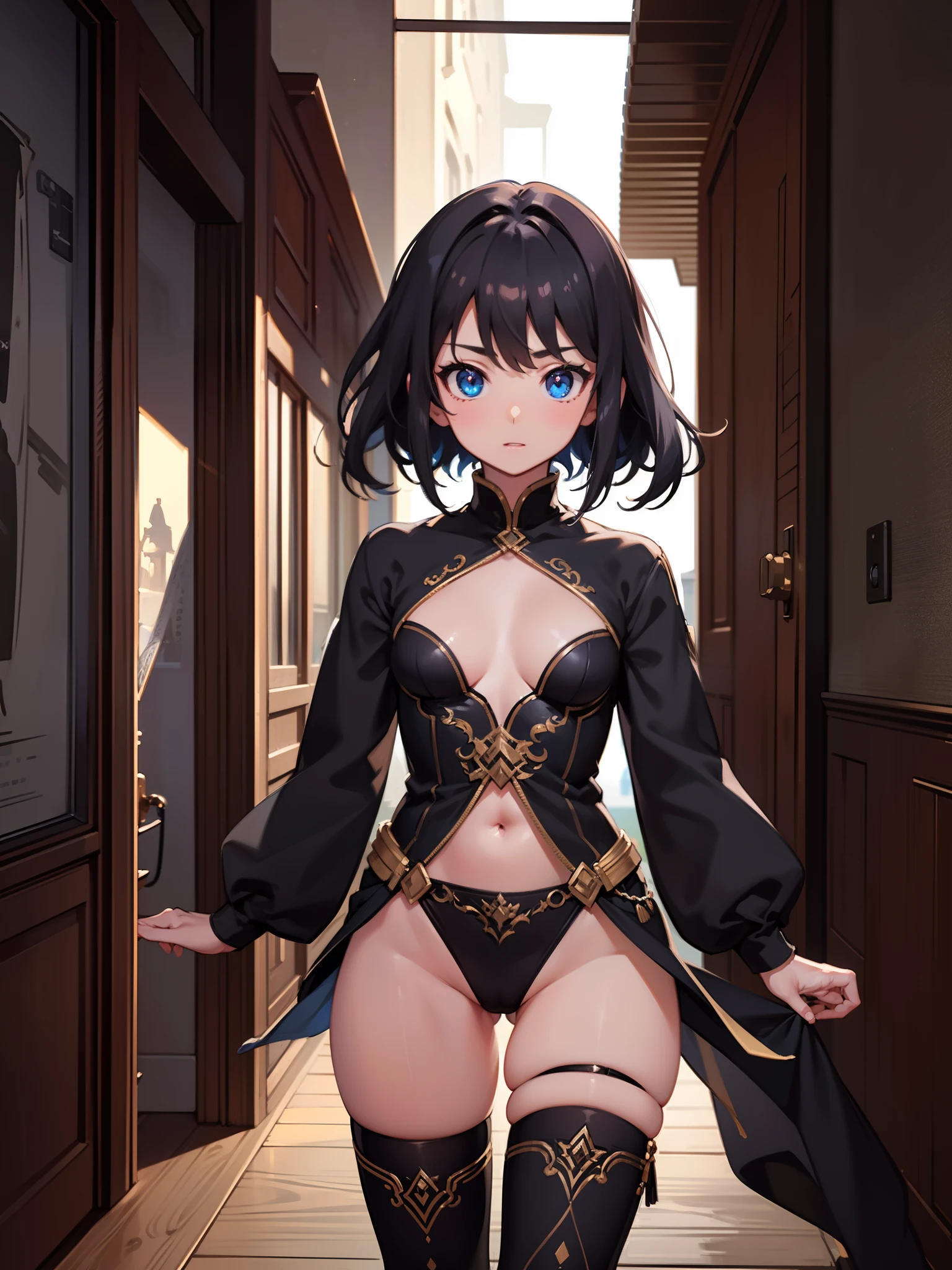 (Best quality, high quality:1.1), (masterpiece:1.1), Fantasy anime, dark skin tone, (li, very young girl:1.1), adventurer, equipment, medieval clothes, very small breasts, flat chest, thigh highs, very happy, beautiful face, beautiful body, very athletic, highly detailed eyes, best quality eyes, very beautiful hair, perfect anatomy, realistic light, high quality shadows, 4k Resolution, High-Res, Ultra HD, RTX on, soft illumination,