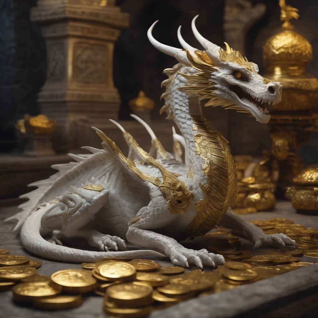 imposing skeleton of a grayish-white oriental dragon resting on the floor of a castle while surrounding a treasure chest full of gold coins with its tail