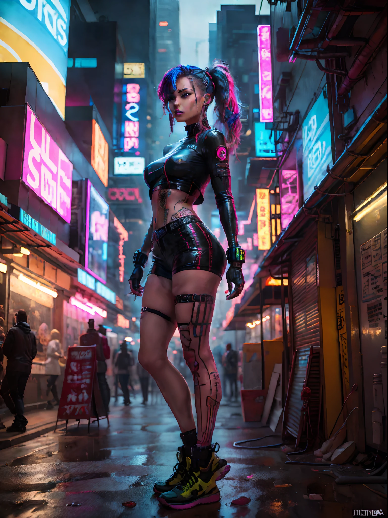 (masterpiece, top quality, best quality, official art, beautiful and aesthetic:1.2),(1 Sofia Boutella cyberpunk girl:1.4),([pink|blue] hair:1.5),((extreme detailed face)),(fractal art:1.3),(colorful:1.5), ((highly detailed face)), hyper detailed,(Mechanical modification:1.3),(modification:1.2),Maiden,(complex mechanical conduit is inserted into the back:1.5),(neon background:1.4),(neon city:1.75),night,(large breasts, thigh gap, camel toe), (gothic_lolita:1.2),high heels,(:0.75),makeup,blush,(cyberpunk:1.4),((looking at viewer:1.3)), ((cowboy shot)), NSFW, ((facing camera)).