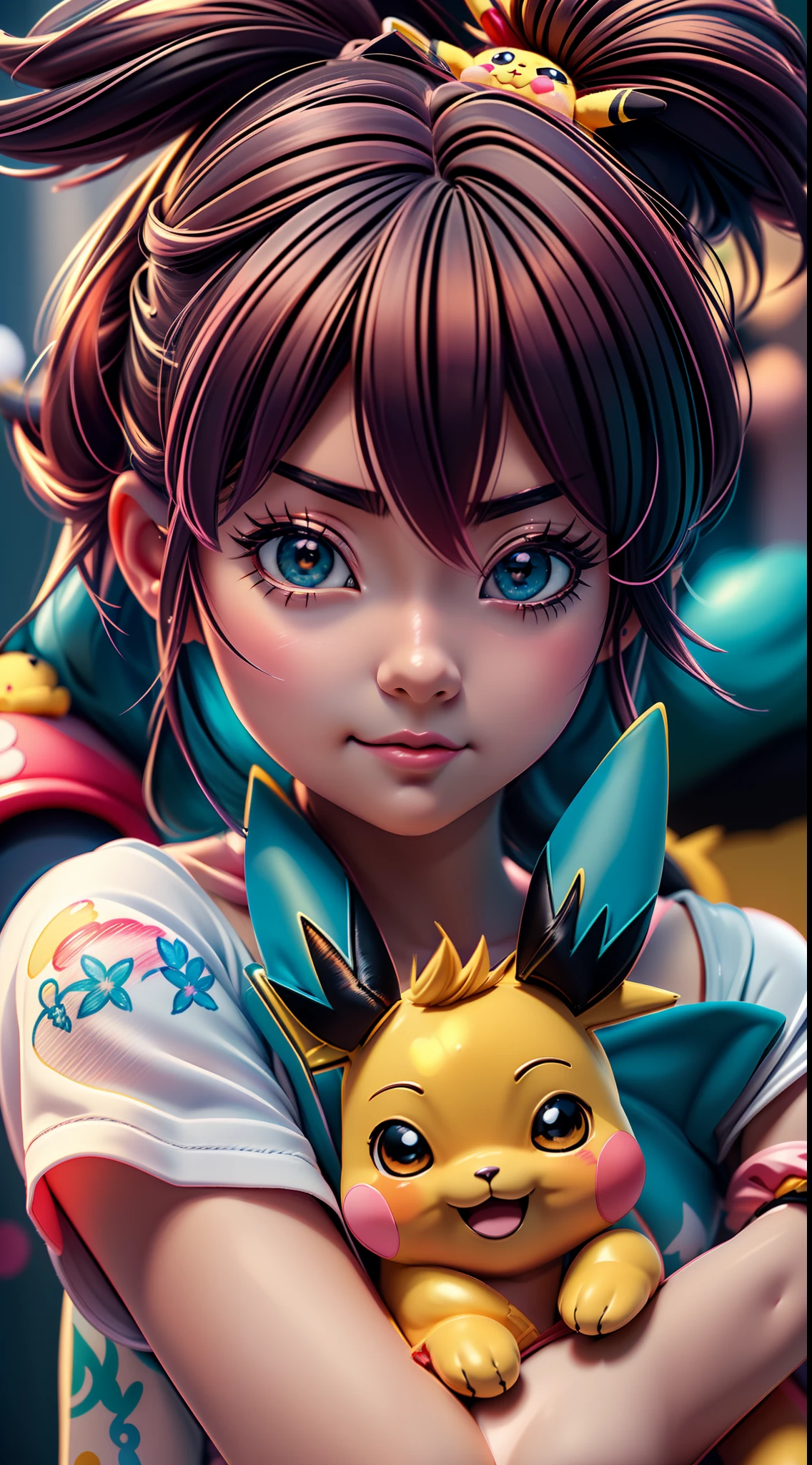 Anime girl with a cute pikachu holding a stuffed animal, Misty from Pokemon, Estilo de anime 3D realista, anime hiper realista, 3 d anime realista, Arte de anime realista, illustration pokemon, painting digital adorable, anime fotorrealista | |, realistic anime art style, Estilo Realismo Anime, retratos bonitos da ****** do anime, ****** anime bonito, ****** anime bonita, anime altamente detalhado, Eevee