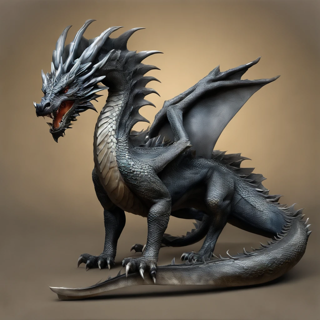 The Western dragon is a legendary creature of great size and majesty. Its body is covered in resplendent scales that shine like jewels in the sunlight. It has four powerful legs that allow it to move with agility both on land and in the air.Its wings are impressive, with membranes stretching from its back to its limbs, allowing it to glide through the skies with grace and majesty. Each movement of its wings creates gusts of wind that seem to carry the power of the storm.Its head is crowned with sharp horns and eyes with a penetrating gaze that seems to know all the secrets of the world. From its mouth, it can breathe fiery flames with a thunderous roar, capable of unleashing destruction in its path.Running along its back, a row of sharp spikes extends to the base of its tail, which ends in a tip as sharp as a spear. This dragon is a symbol of power and wisdom, and its presence inspires both admiration and fear in those who have the privilege of beholding it