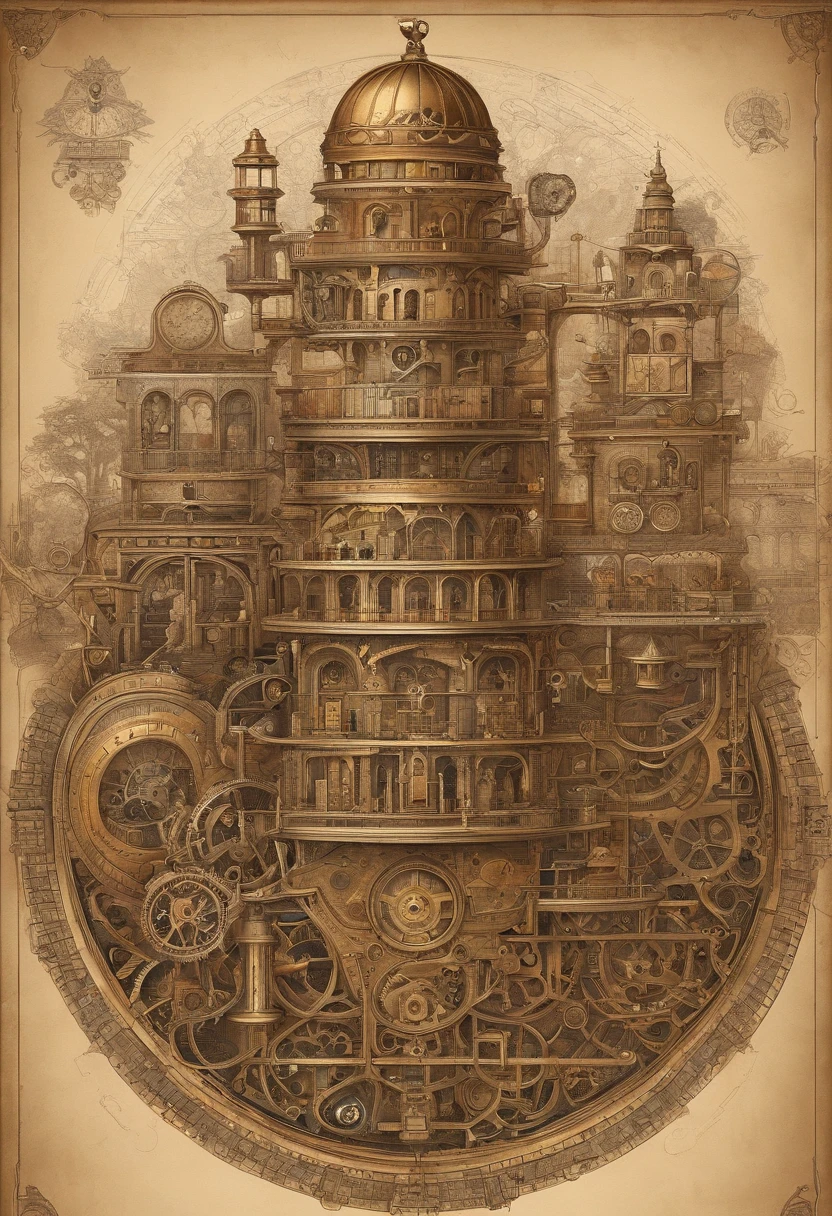 absurdos, melhor qualidade, fantasia, isometric, estilo knolling de (torre redonda de tijolo em miniatura:1.2), tree, Parede de Pedra, (fundo simples:1.2)