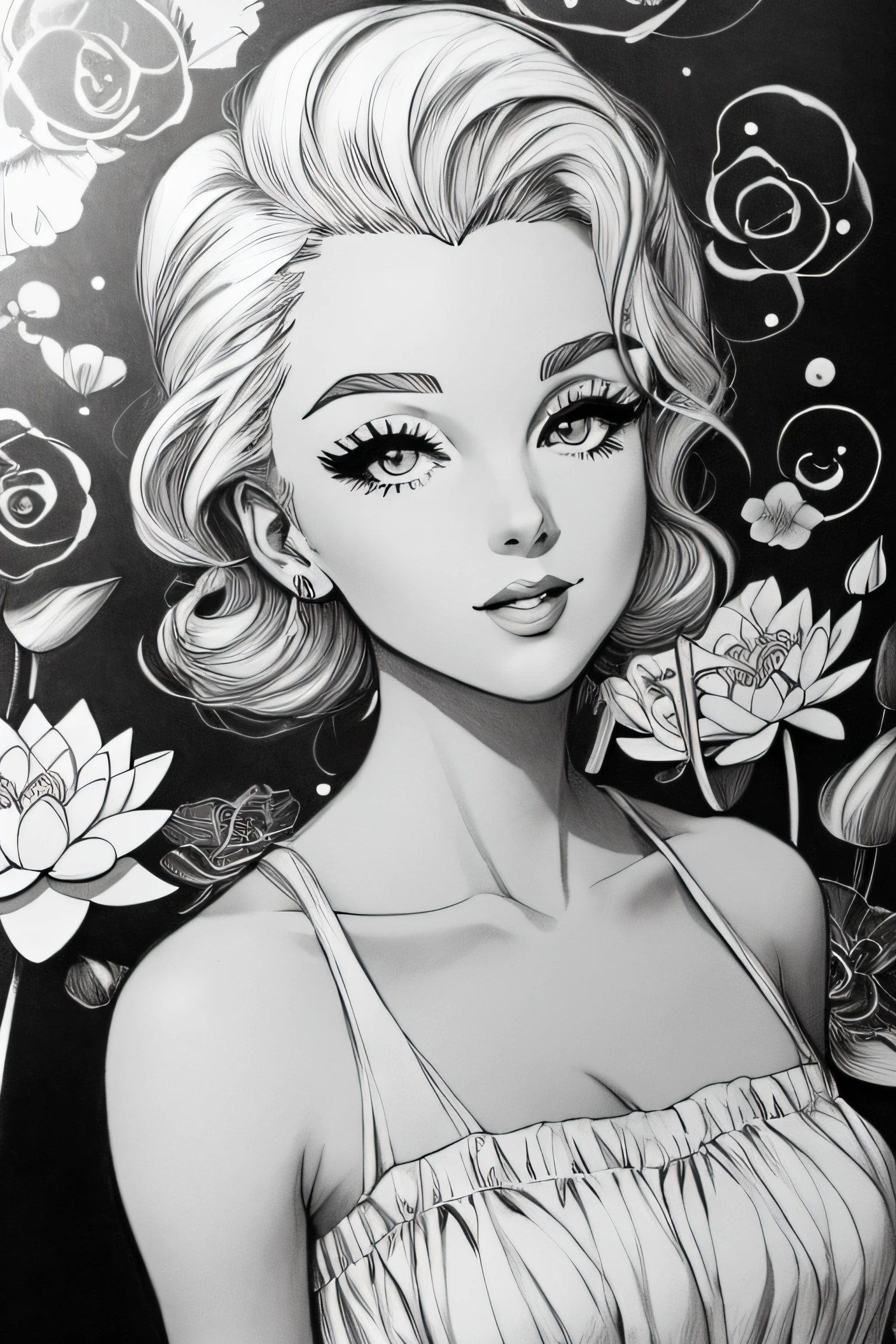 Black and white stick figure girl with lotus flower in background, Loli em vestido com flores, sua arte de linha de tinta fina, comiс style, Portrait of the magical Marilyn Munroe beautiful line of art, black and white comic style, Manga style, Manga art style, Caricature drawing in pencil and ink, black and white coloring