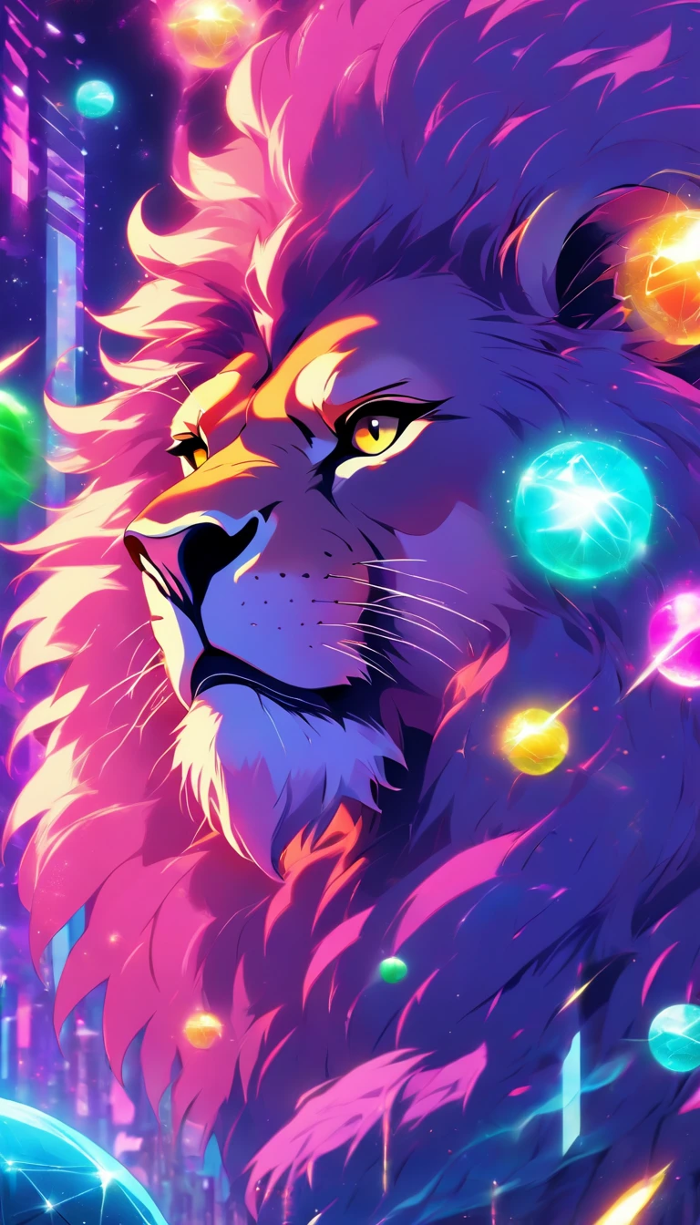 masterpiece of a lion wearing a suit and sunglasses with a disco ball in the background, wearing disco suit, 8 0's style tomasz alen kopera, poster in 8 0 s style, synthwave style, 8 0 - s style poster, synthwave art style ]!!, inspired by Mike Winkelmann, synthwave art style, synthwave art, king of the jungle, psychedelic,vibrant, iridicent  colors, purple, turquoise, neon green and yellow.