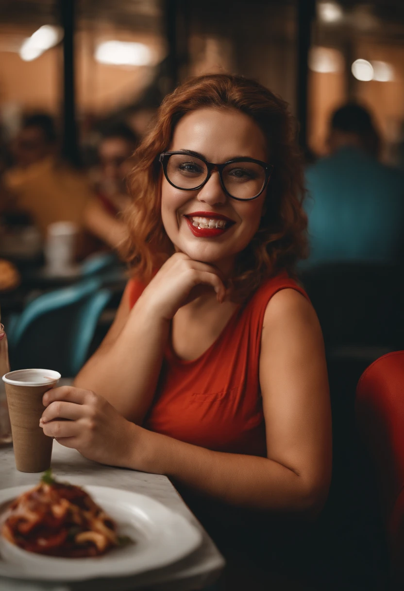Girl of approximately 35 years old, super fat in the cafeteria, with a tight t-shirt and dirty with ketchup, with big teeth and very strange glasses. Looking fixedly and seriously at the camera. With her boyfriend and friend behind.