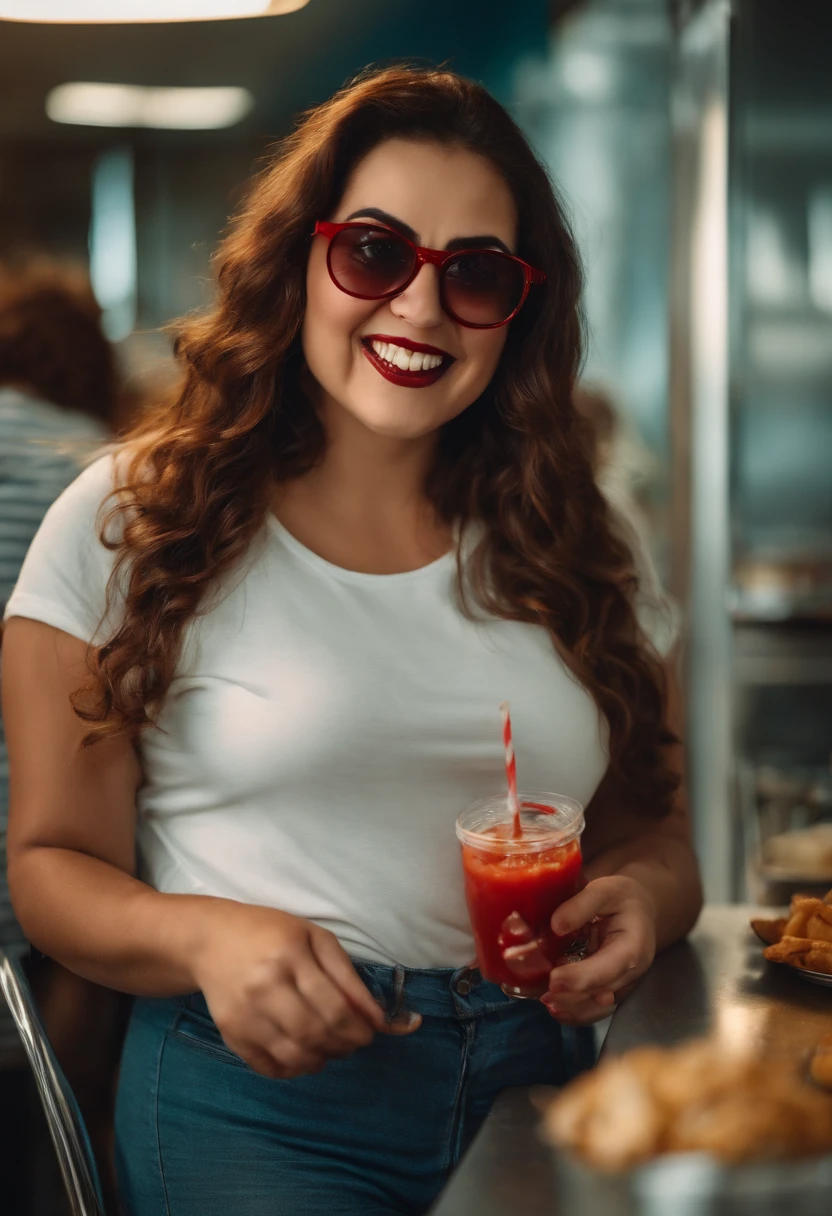 Girl of approximately 35 years old, super fat in the cafeteria, with a tight t-shirt and dirty with ketchup, with big teeth and very strange glasses. Looking fixedly and seriously at the camera. With her boyfriend and friend behind.